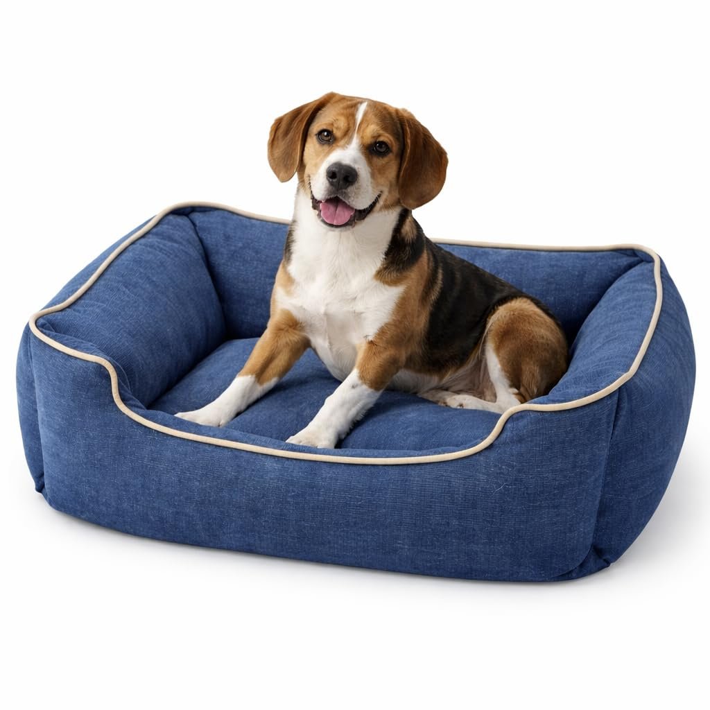 PAWPOURRI Small Bolster Dog Bed – Denim Blue | Ultra-Soft & Cozy Cuddler | Polyfibre Filling | 100% Cotton, Breathable & Dura