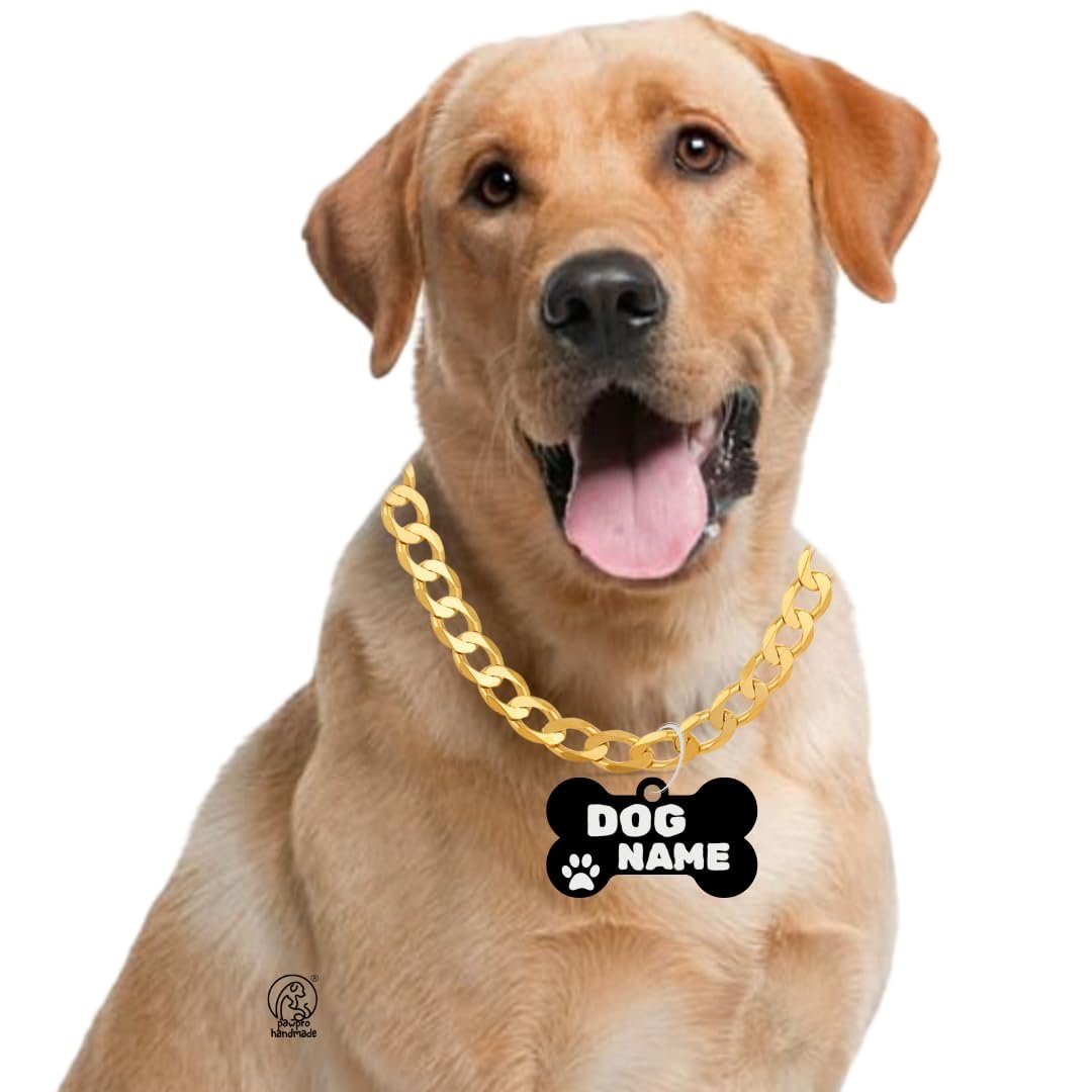 PAWPRO HANDMADE Personalized Gold Chain Collar with Customizable Bone Shape Pet Id Tag for Large Medium Dog and Small Puppy (