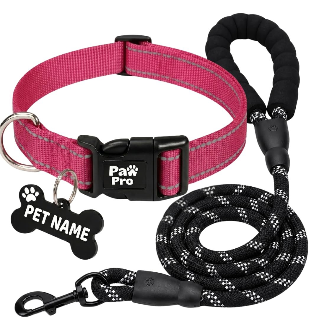 PawPro Handmade Reflective Dog Collar Leash Set with Custom Bone Name Tag, Adjustable Soft Nylon Pet Collar for Medium Dogs,