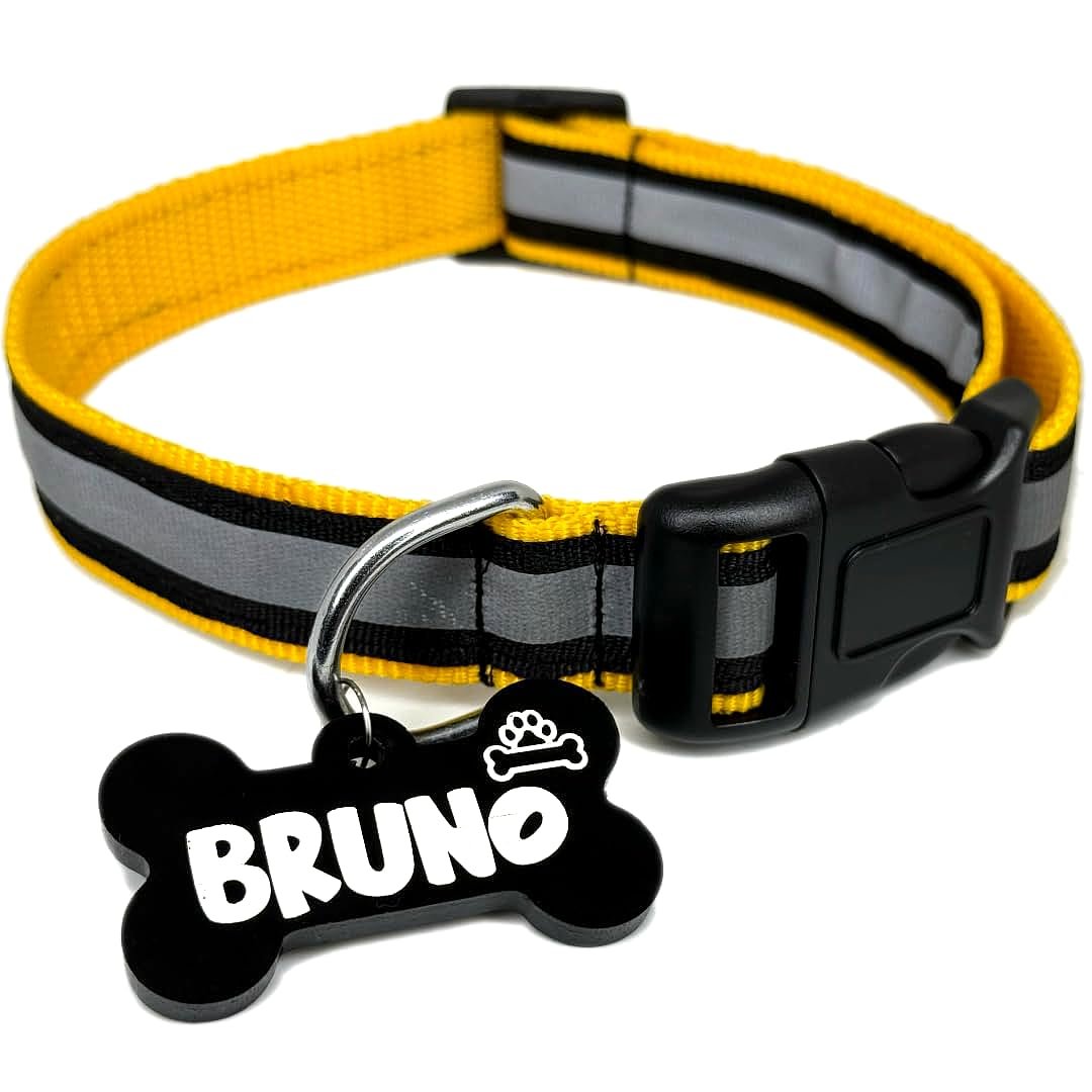 PAWPRO HANDMADE Reflective Yellow Nylon Dog Collar with Custom Engraved Bone ID Tag- Adjustable for Medium Dogs (15-21 inch)