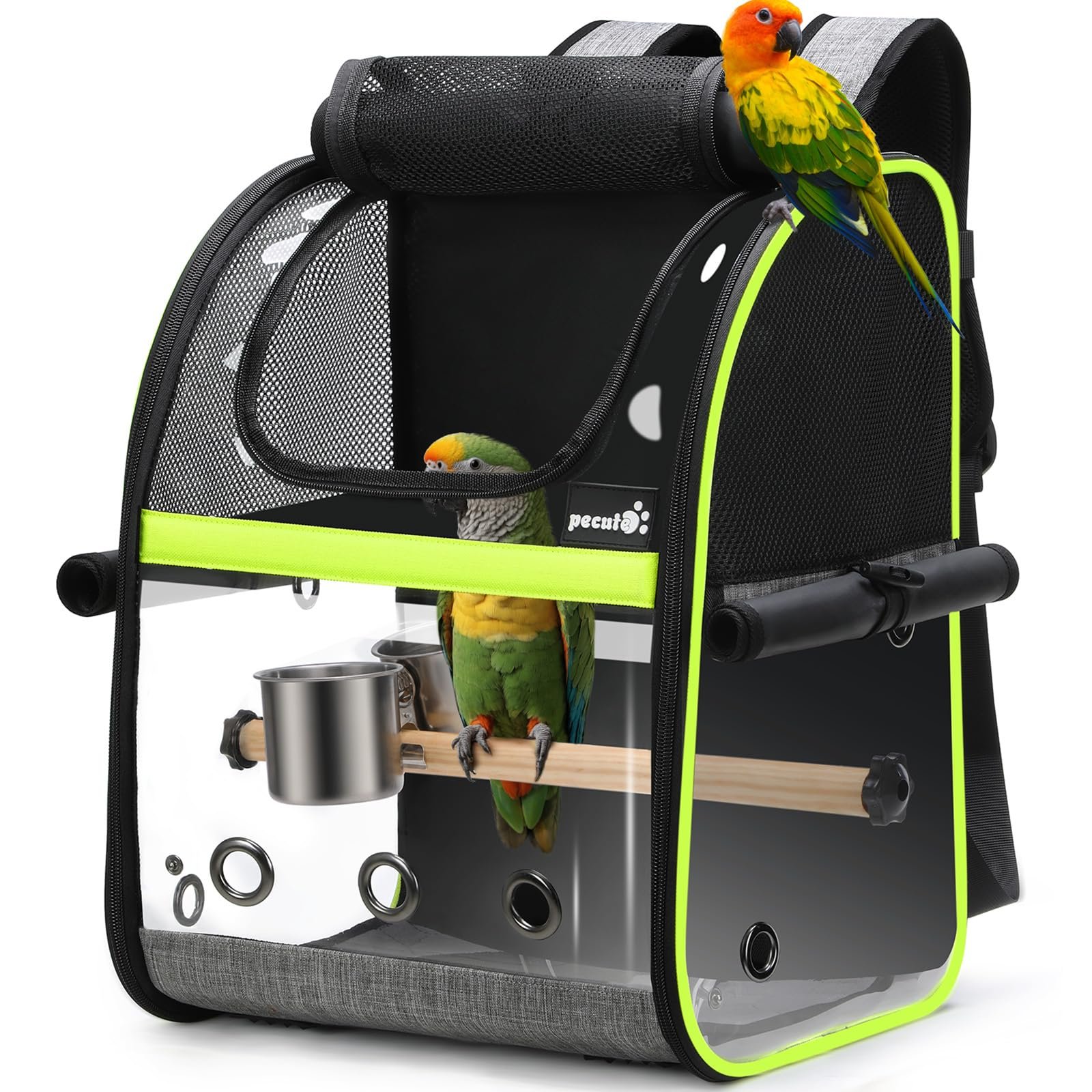 Pecute Bird Carrier Backpack, Parrots Bird Backpack with Visible Window, Adjustable Height Standing Perch, Feeding Cans, Wate