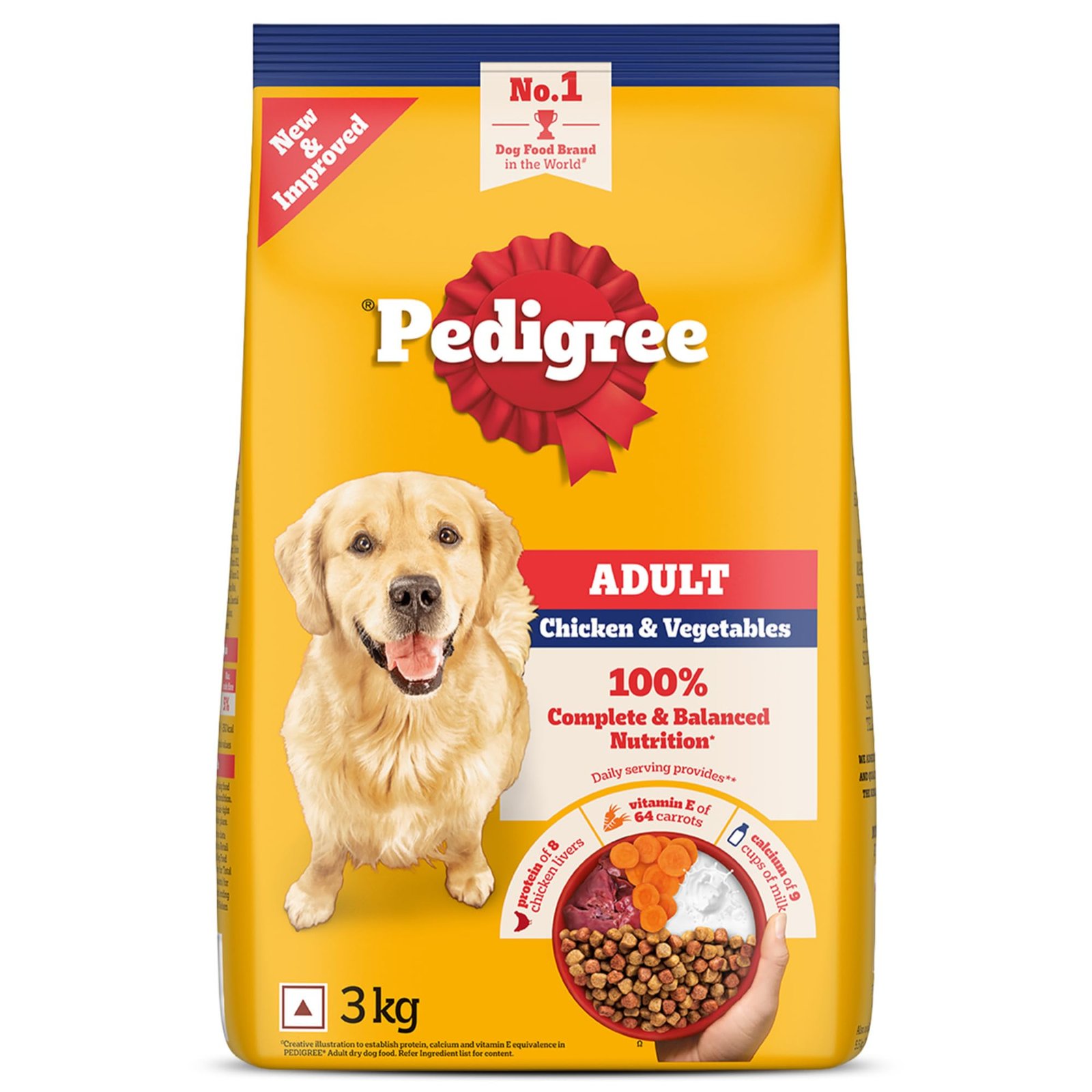 Pedigree Adult Dry Dog Food, Chicken & Vegetables, 3 kg, Contains 37 Essential Nutrients, 100% Complete & Balanced Food for A