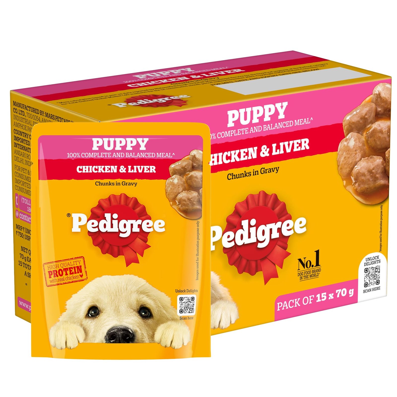 Pedigree Puppy Wet Dog Food Chicken & Liver Chunks in Gravy 70g X15 | 100% Complete & Balanced Meal, High Quality Protein, St