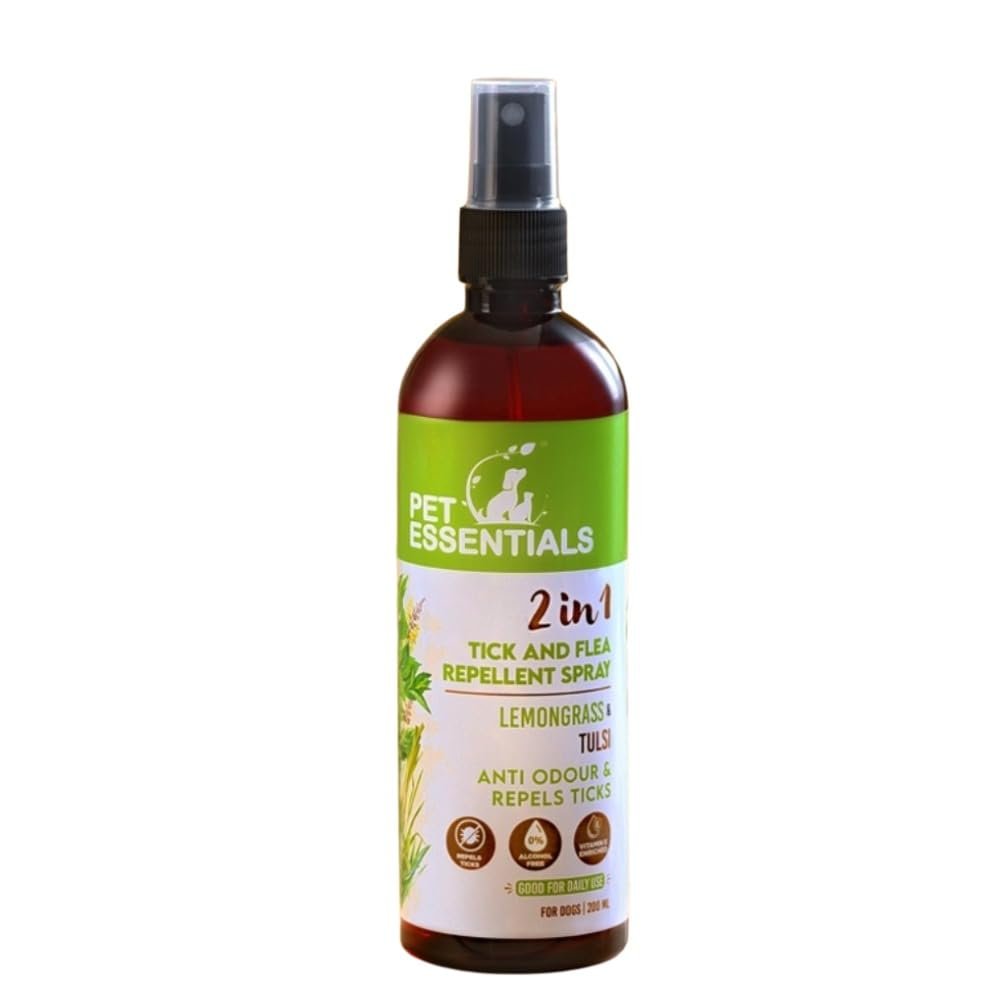Pet Essentials Ayurvedic Tick & Flea Spray for Dogs (200ml) with Lemongrass & Tulsi Fast-Acting, Long-Lasting Anti-Odour Natu