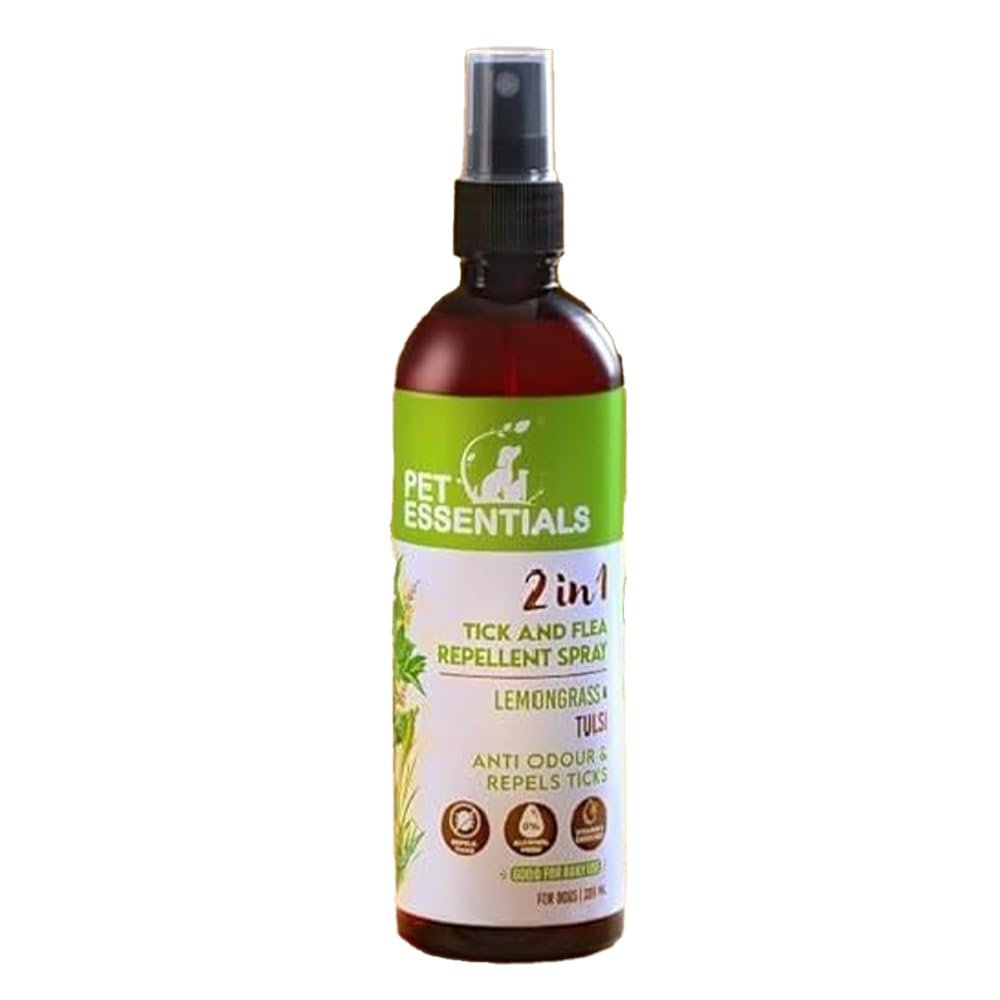 Pet Essentials Tick & Flea Repellent Dog Body Spray (200ml) with Lemongrass & Tulsi Anti-Odour Fast-Acting Long-Lasting Ticks
