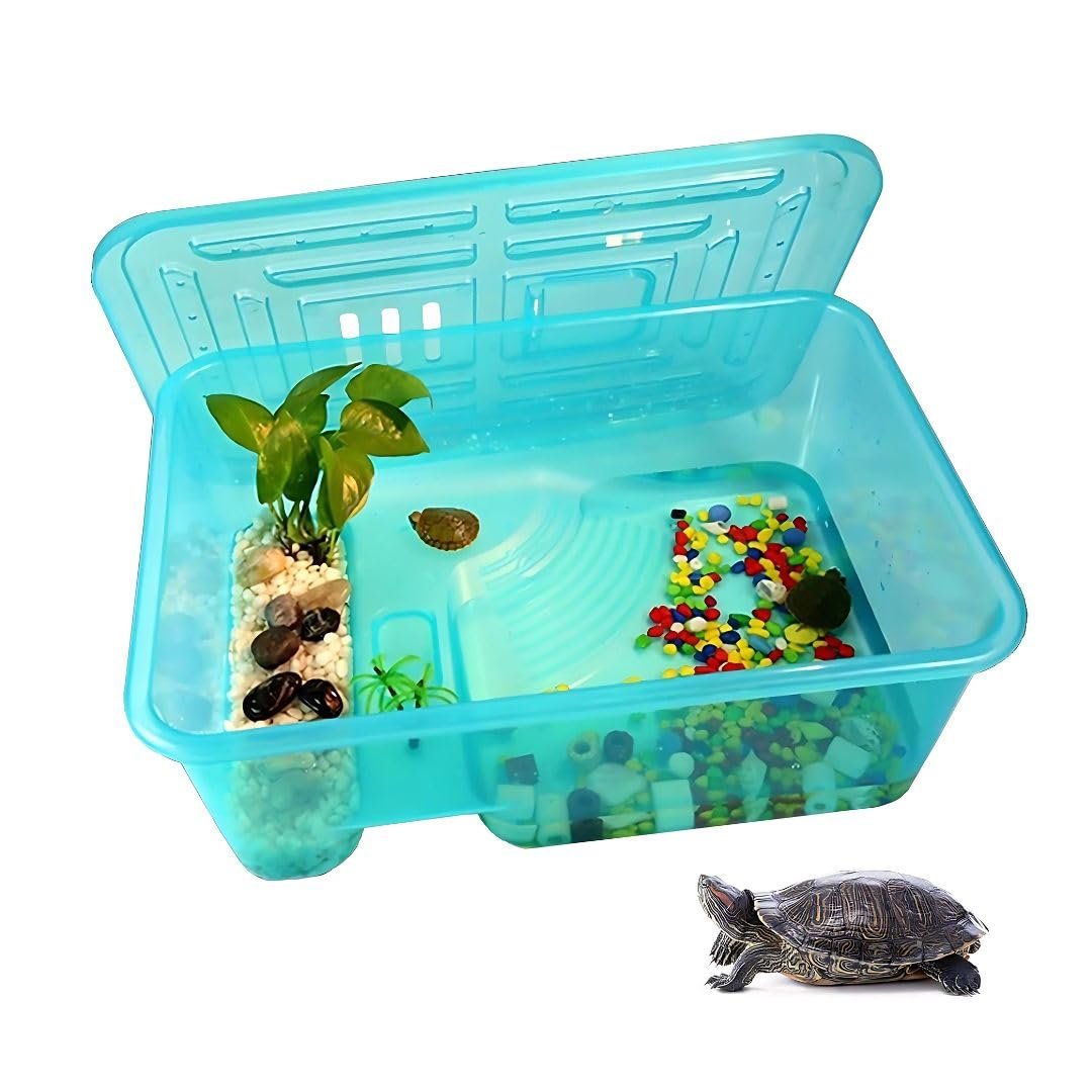 PET FUN Turtle Tank Aquarium with Lid | Habitat for Turtles, Crayfish, Reptiles Breeding Hermit Crabs | Basking Ramp, Swimmin