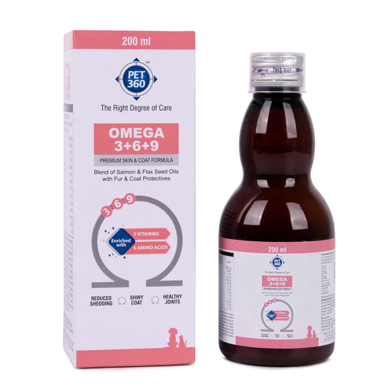 PET360 Omega 3+6+9 Salmon & Flaxseed Oil for Dogs & Cats 200 ml | Supports reduced shedding, coat shine, healthy skin, joint