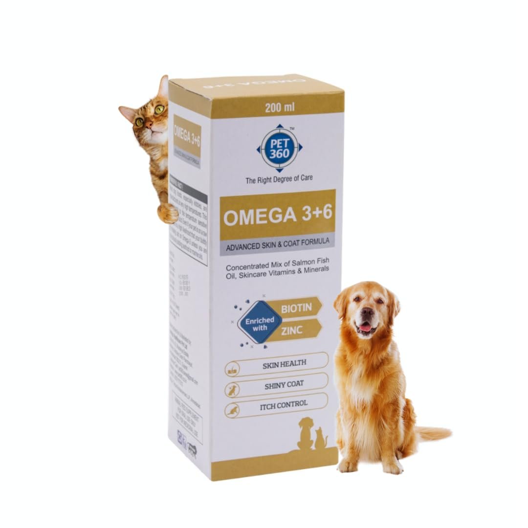 PET360 Omega 3+6 Salmon Fish Oil for Dogs & Cats 200 ml | Skin & Coat Syrup | Supports reduced shedding, coat shine, healthy