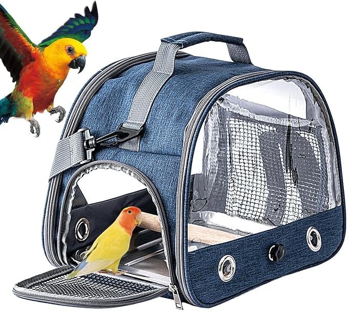 PETANGEL Bird Travel Carrier with Perch & Stainless Steel Tray, Lightweight Breathable Parrot Cage with Removable Wooden Stan