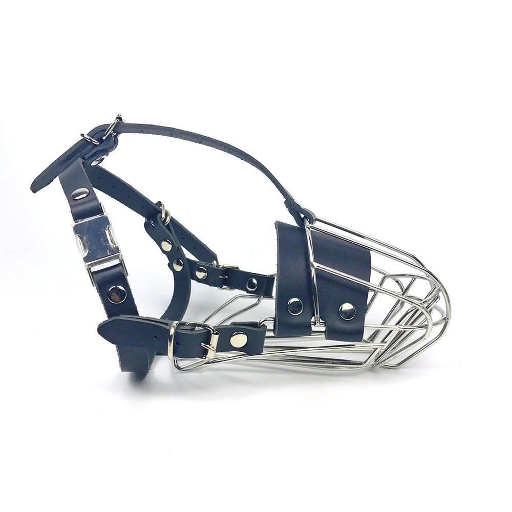 PETJOY Leather Dog Muzzle with Metal Basket | Adjustable Anti-Bite Basket Muzzle | Breathable, Secure & Comfortable | Ideal f