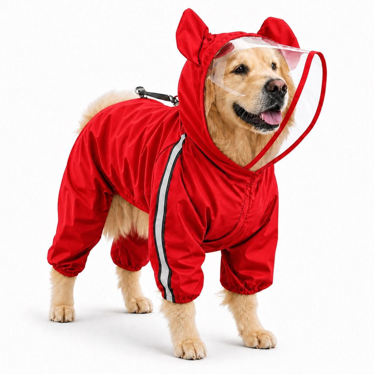 Petkartel Full Body Dog Raincoat Red with Hood & Transparent Face Shield | Waterproof Pet Rain Suit | Leash Hole, Reflective