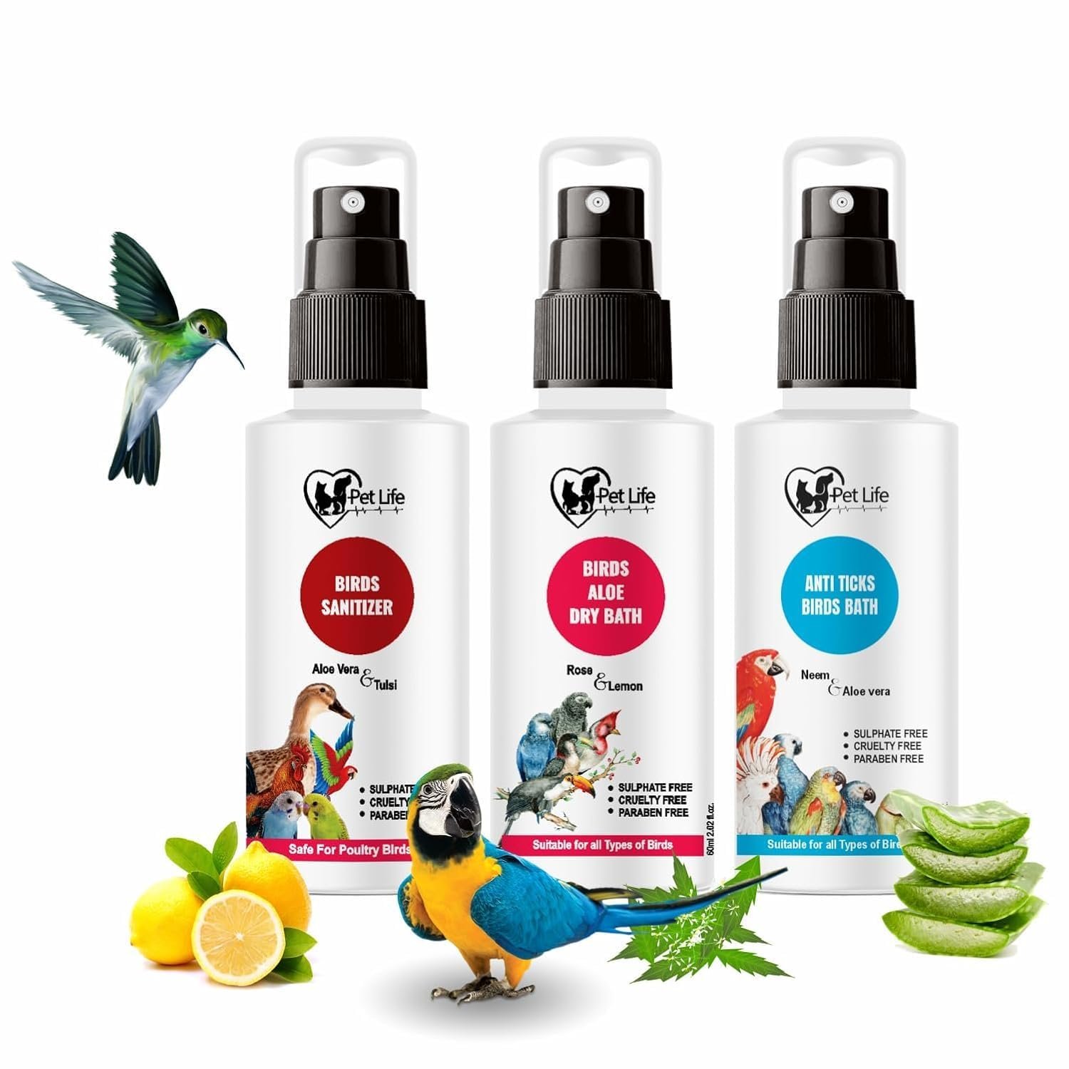 PETLIFE Waterless Birds Bath Kit Combo | (Aloe Dry Bath Shampoo + Anti Ticks Birds Bath + Spray) | No-Rinse Formula for Parro