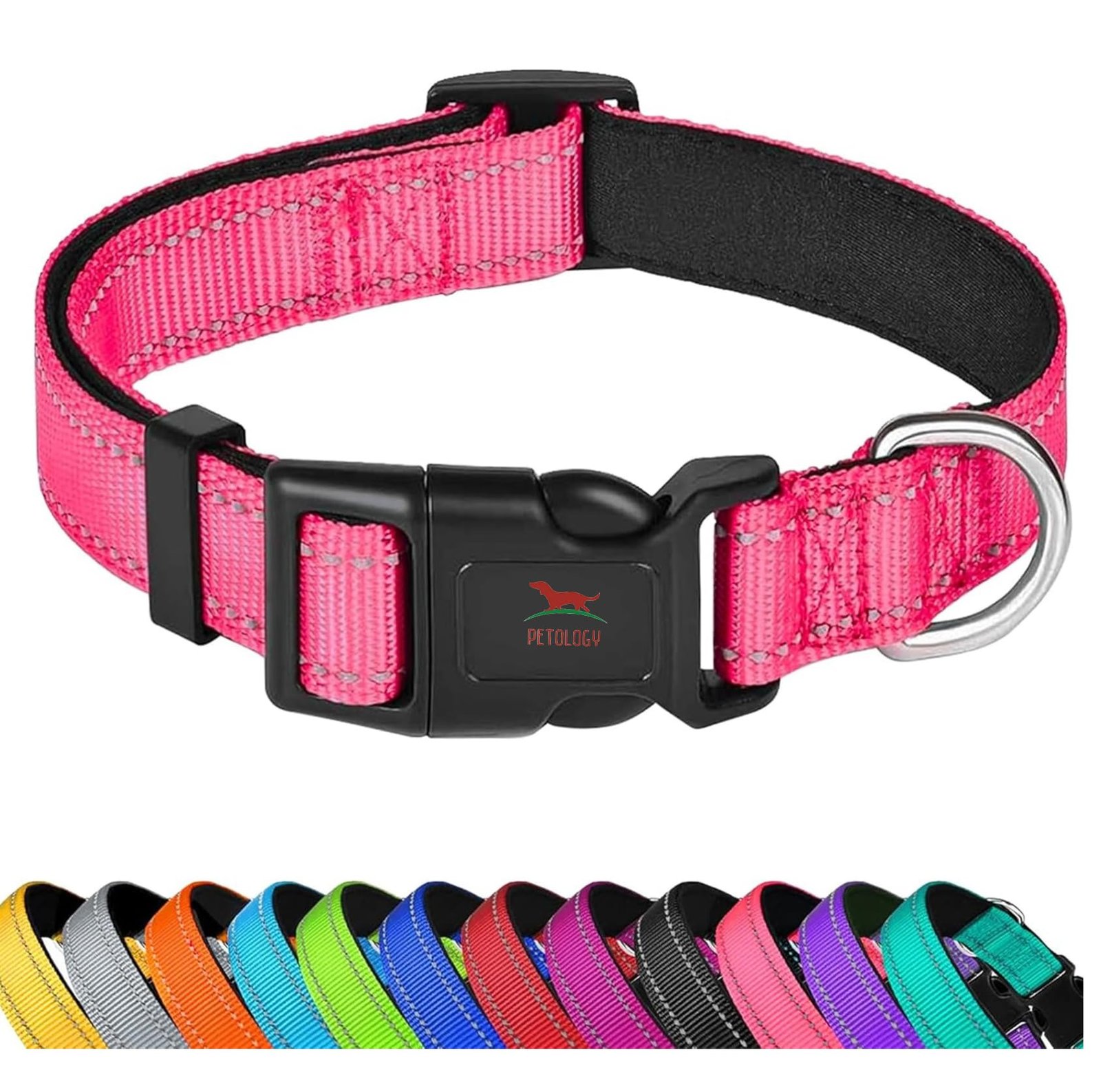 Petology Reflective Adjustable Dog Collar for Medium Dogs (30-40 cms) | Soft Neoprene Padded Nylon Pet Collar with Safe & Qui