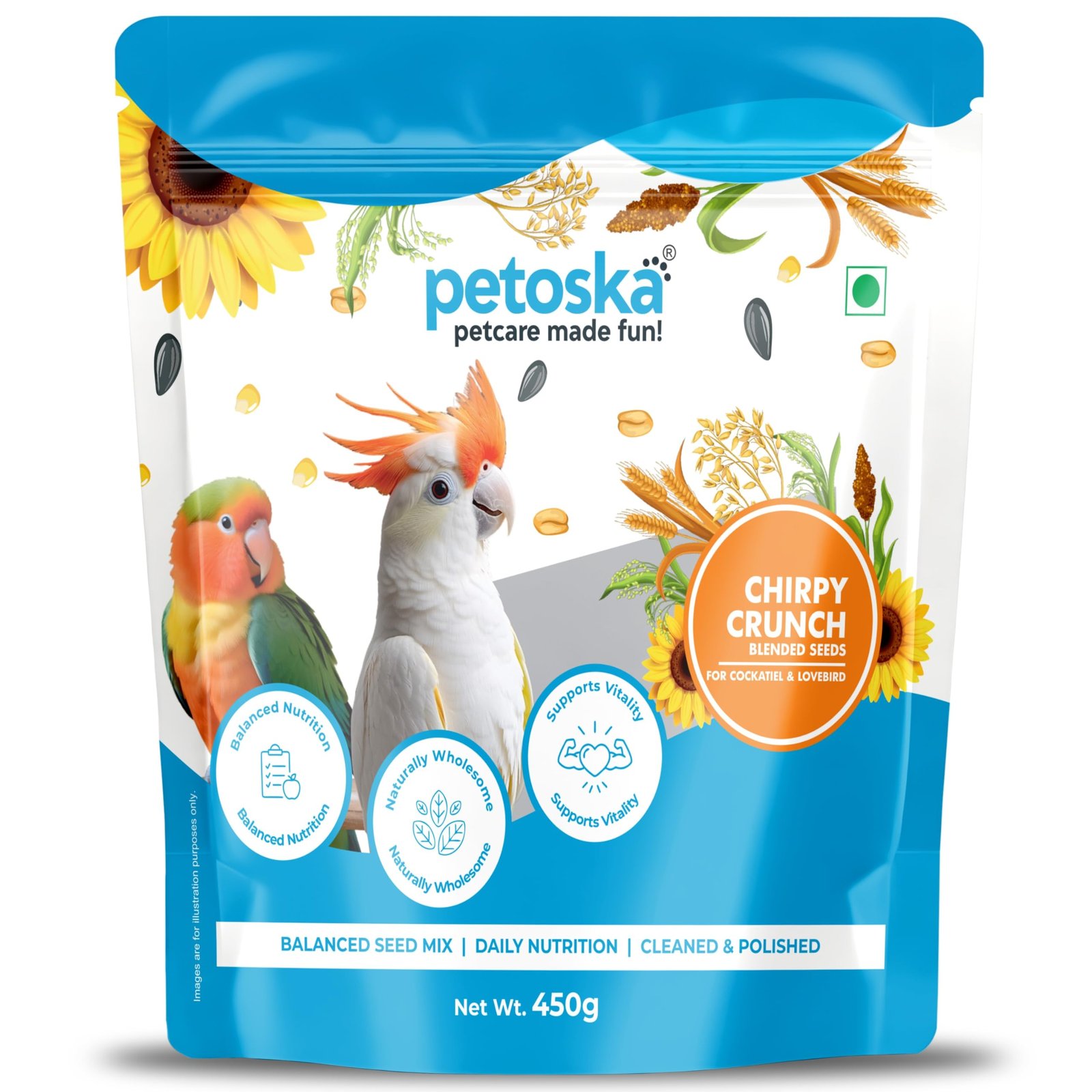 Petoska Chirpy Crunch Blended Seeds | Cockatiel & Lovebirds | Balanced Nutrition | Natural Seed Mix with Millets, Sunflower &