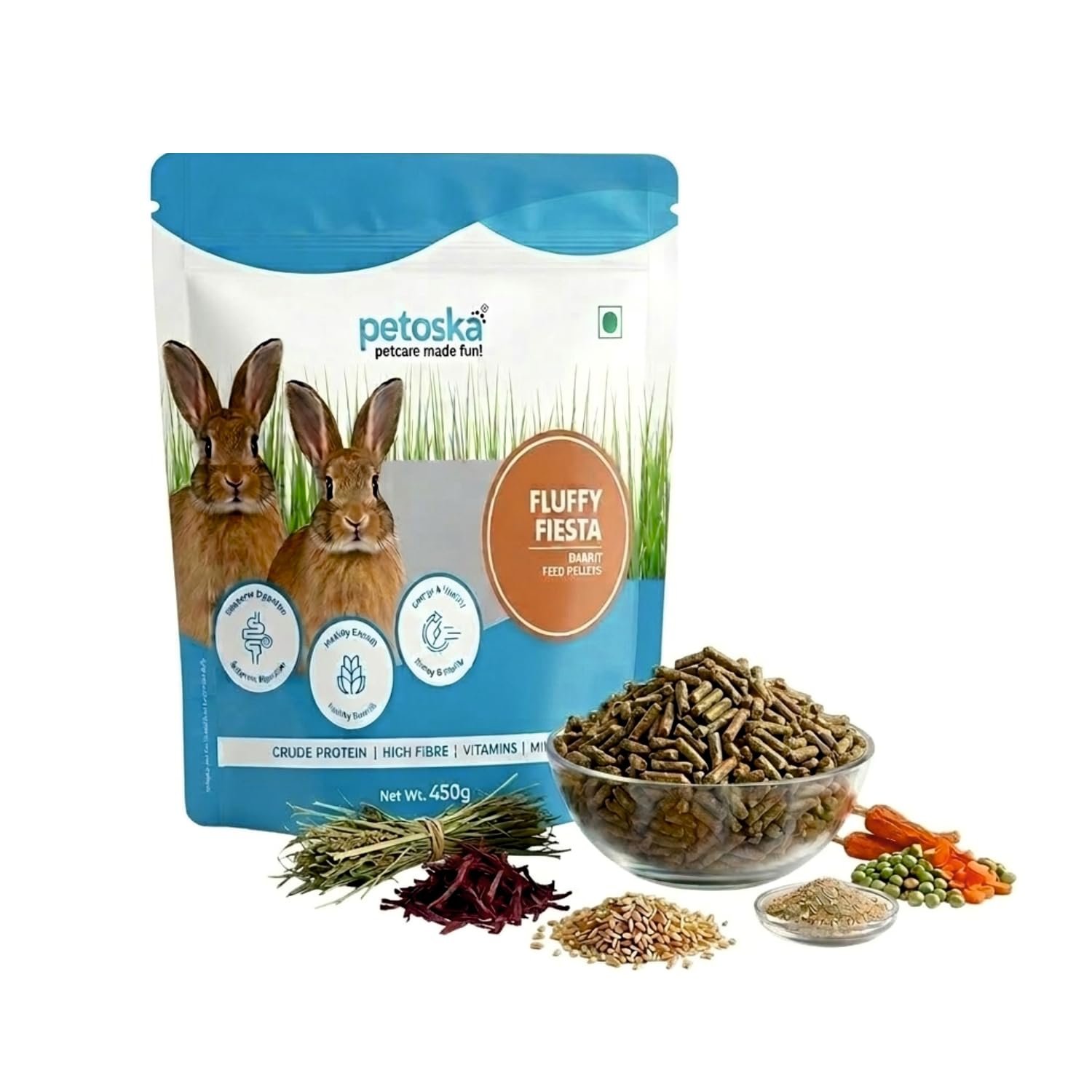 Petoska Fluffy Fiesta Rabbit Food Pellets -450g | Nutrient-Rich Diet for Rabbits | Supports Digestive Health, Strong Bones &