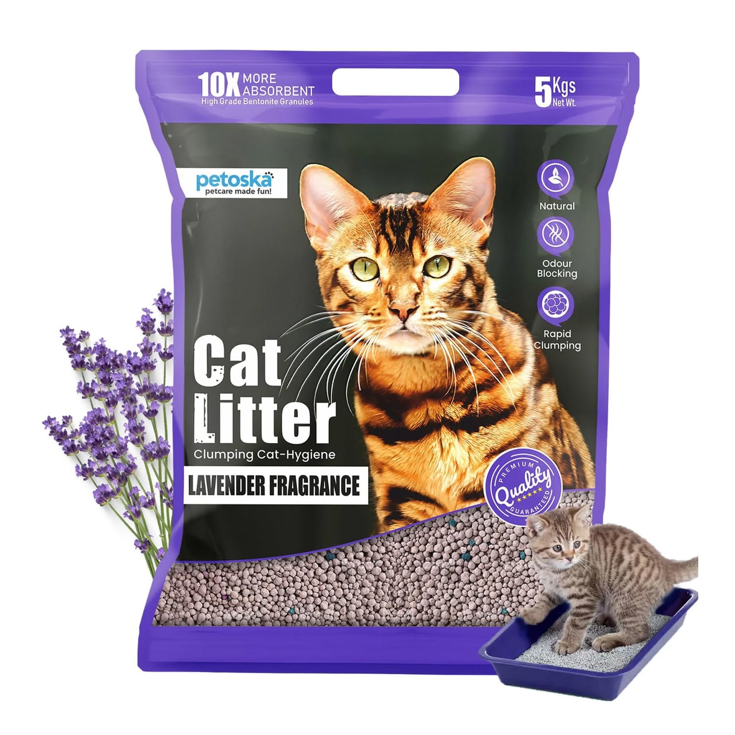 Petoska Lavender Cat Litter 5kg | 100% Natural Bentonite Clay | Clumping Cat Litter with Fast Odour Lock, Low Dust & Gentle o