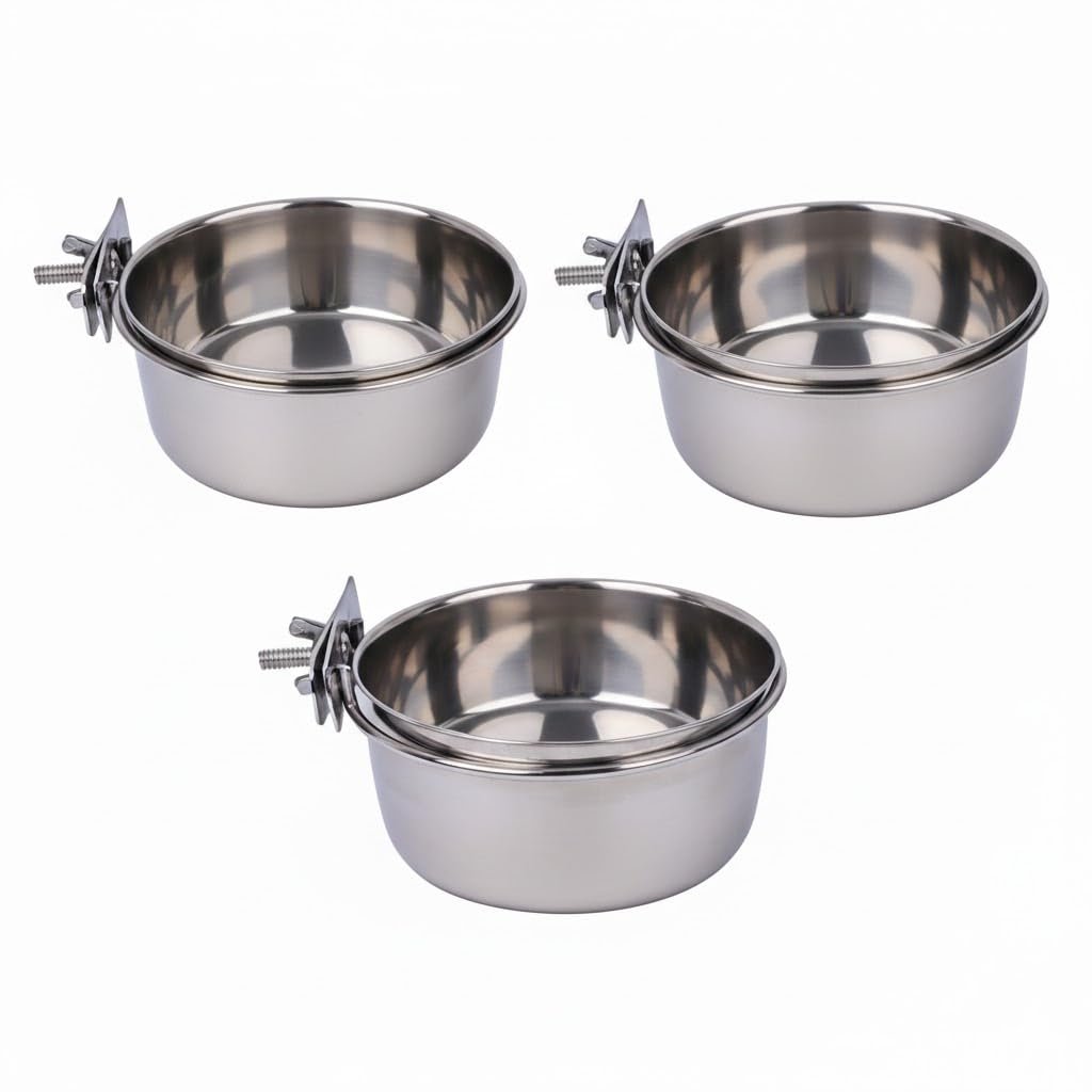 Pets Empire Best Stainless Steel Birds Coop Cup Feeder Bowl (500ML X 3, COOP Cup CLAMP Holder)