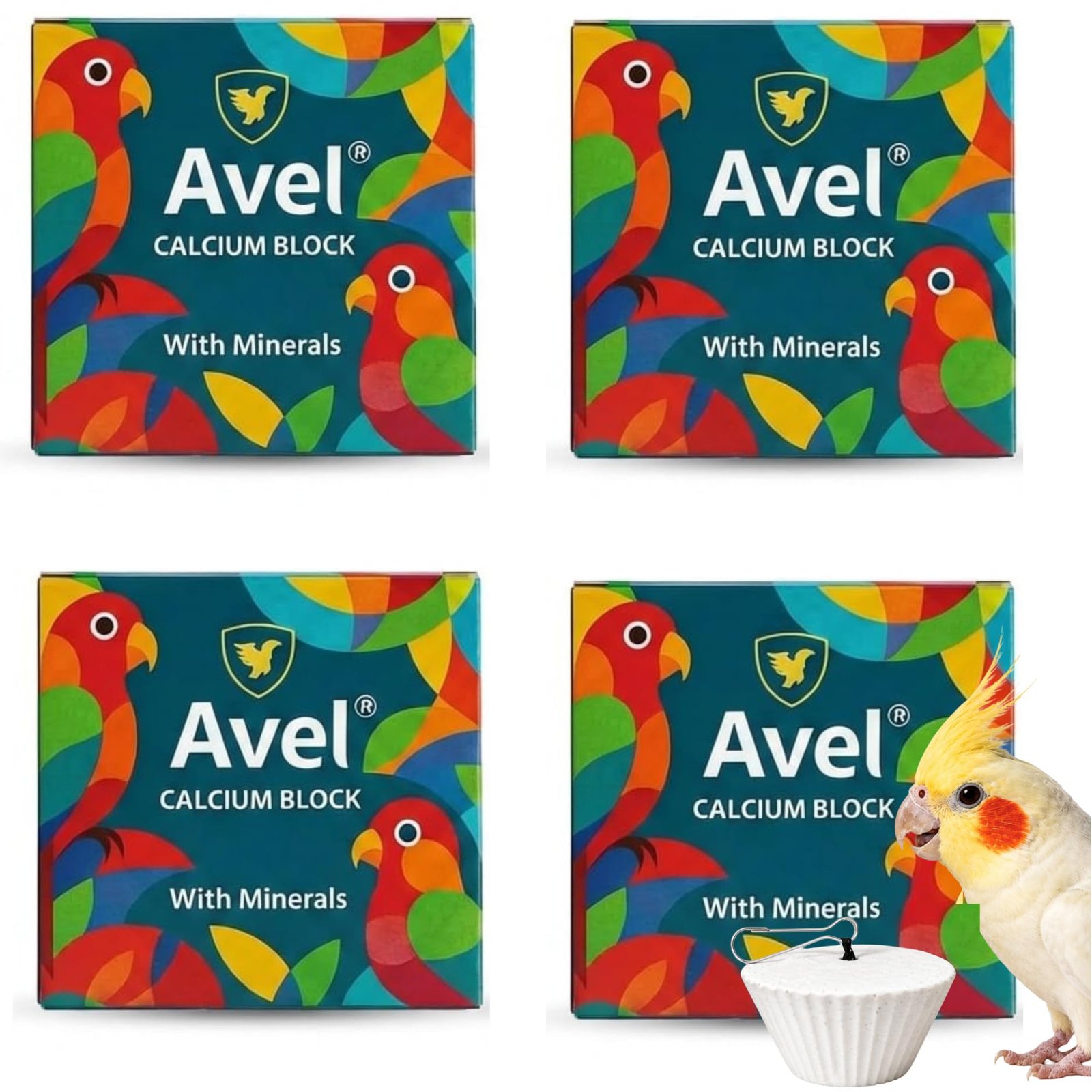 Pets Pro Avel Natural Mineral Calcium Block Pack of 4 Enriched with Cuttlefish Bone & 6+ Ingredients | for Budgies, Finches,