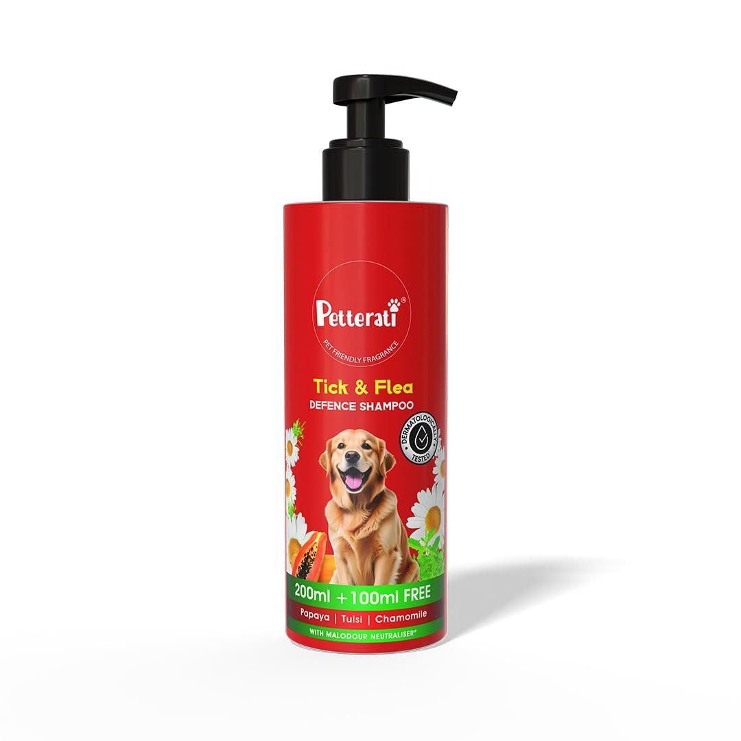 Petterati Tick & Flea Defence Dog Shampoo | Papaya, Tulsi & Chamomile | Prevents Ticks & Fleas, Soothes Skin | 200ml + 100ml