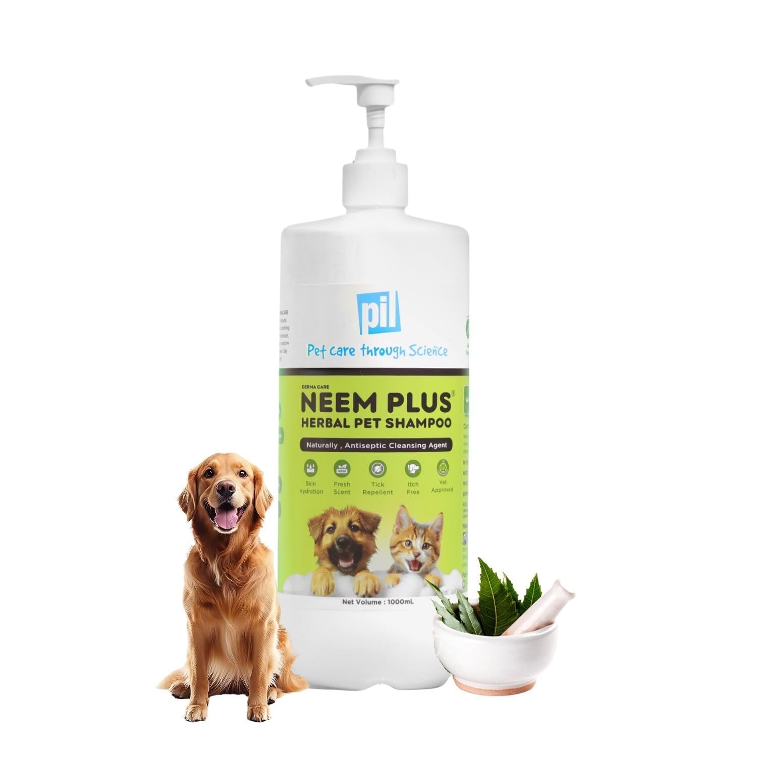Pil Neem Plus Herbal Pet Shampoo 1000ml | Puppy Safe | Anti-Fungal, Anti-Ticks and Fleas, Antibacterial, Antiseptic & pH Bala