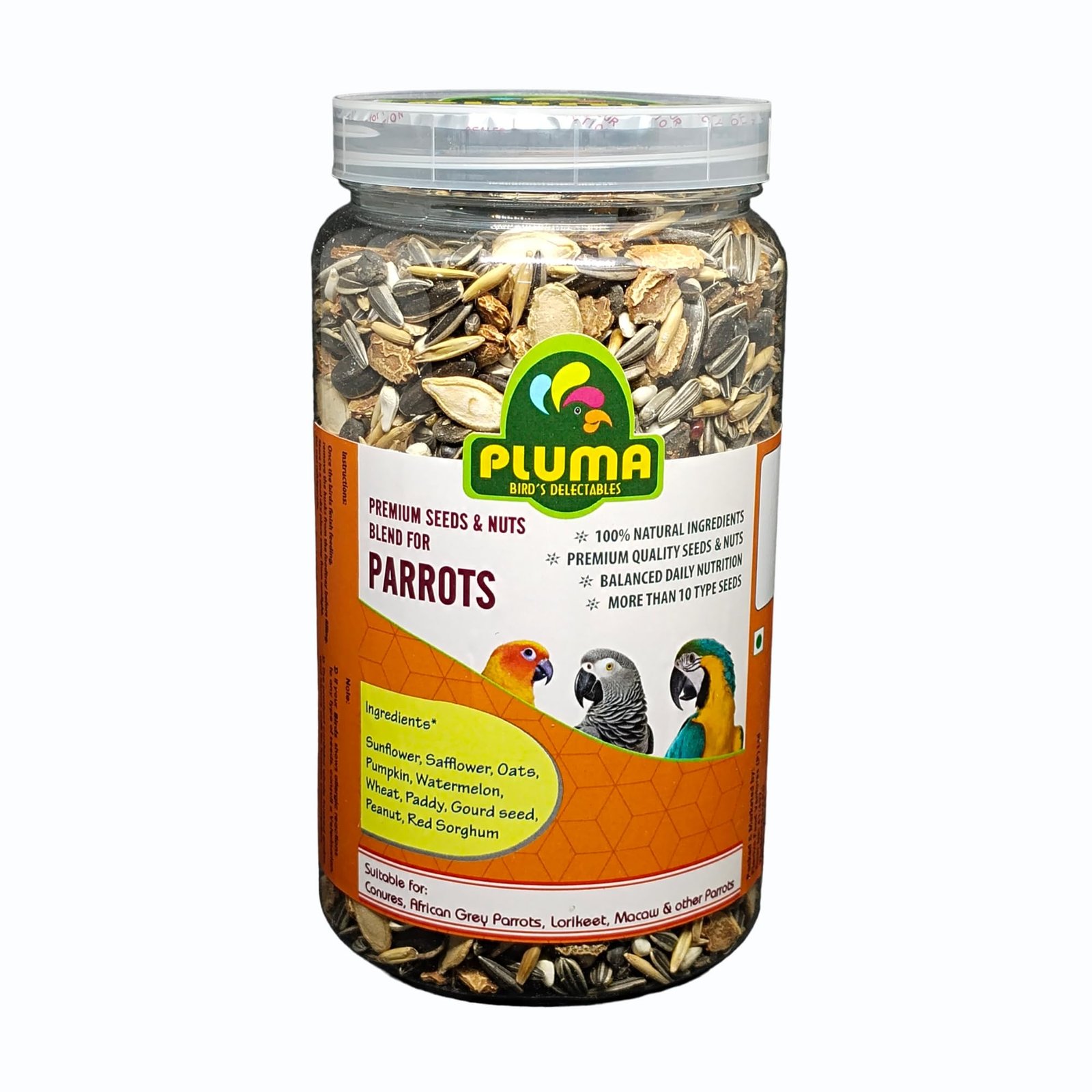 Pluma Bird Food for Parrots, Parakeets, Macaw, Conure, African Grey, Lorikeet - 500g | Premium Seed and Millet Mix | Daily Fe
