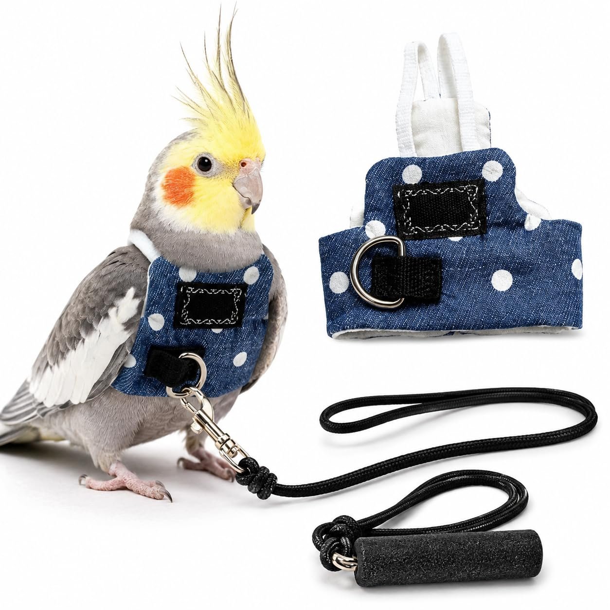 Polka Dot Denim Large Parrot Flight Suit - Adjustable Bird Harness with D-Ring, Hand Made Small Bird Vest for Cockatiel Conur
