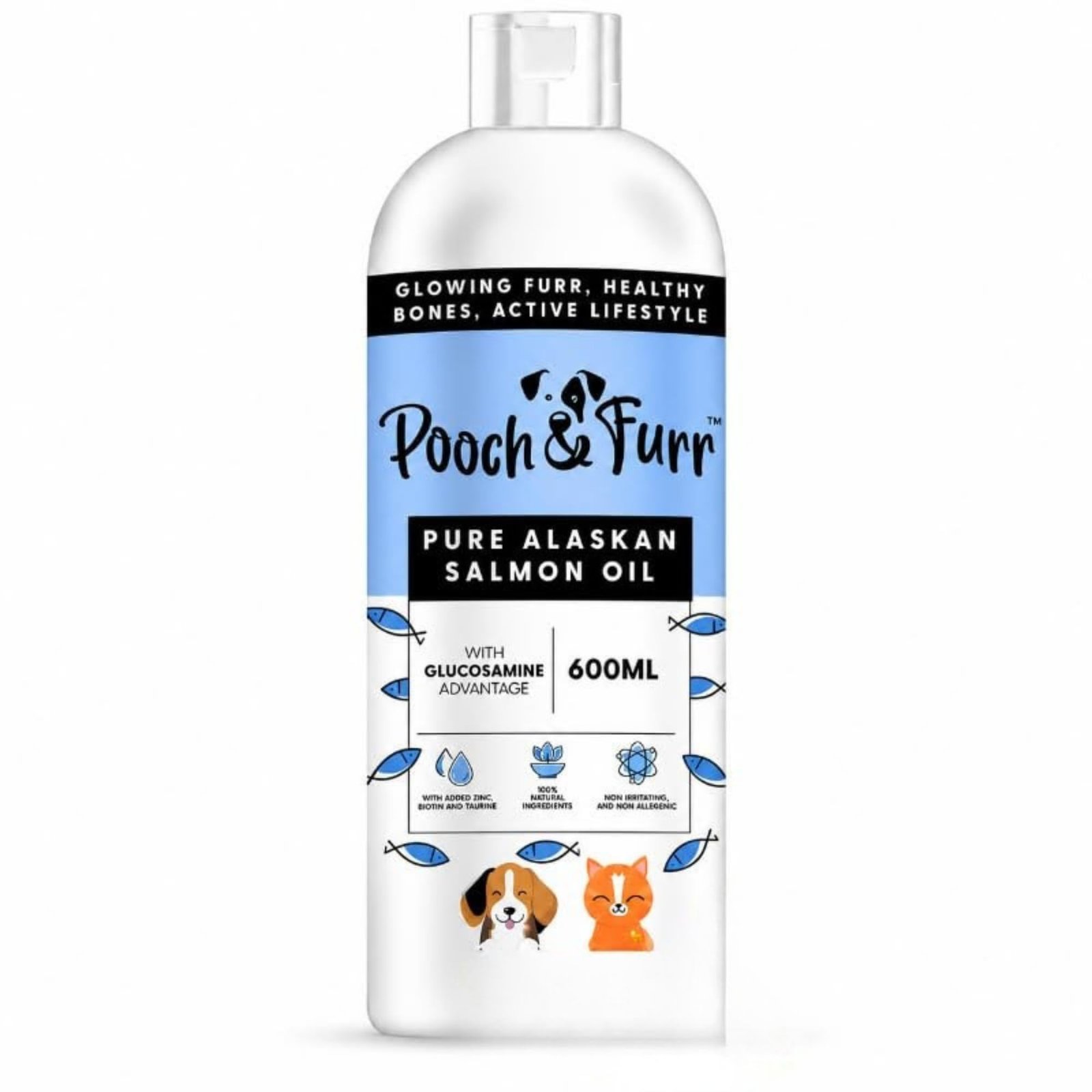 POOCH & FURR (600 ML) Omega 3 + 6 + 9 Alaskan Salmon Fish Oil for Dogs and Cats; with Added Glucosamine for Joint Health; Sig