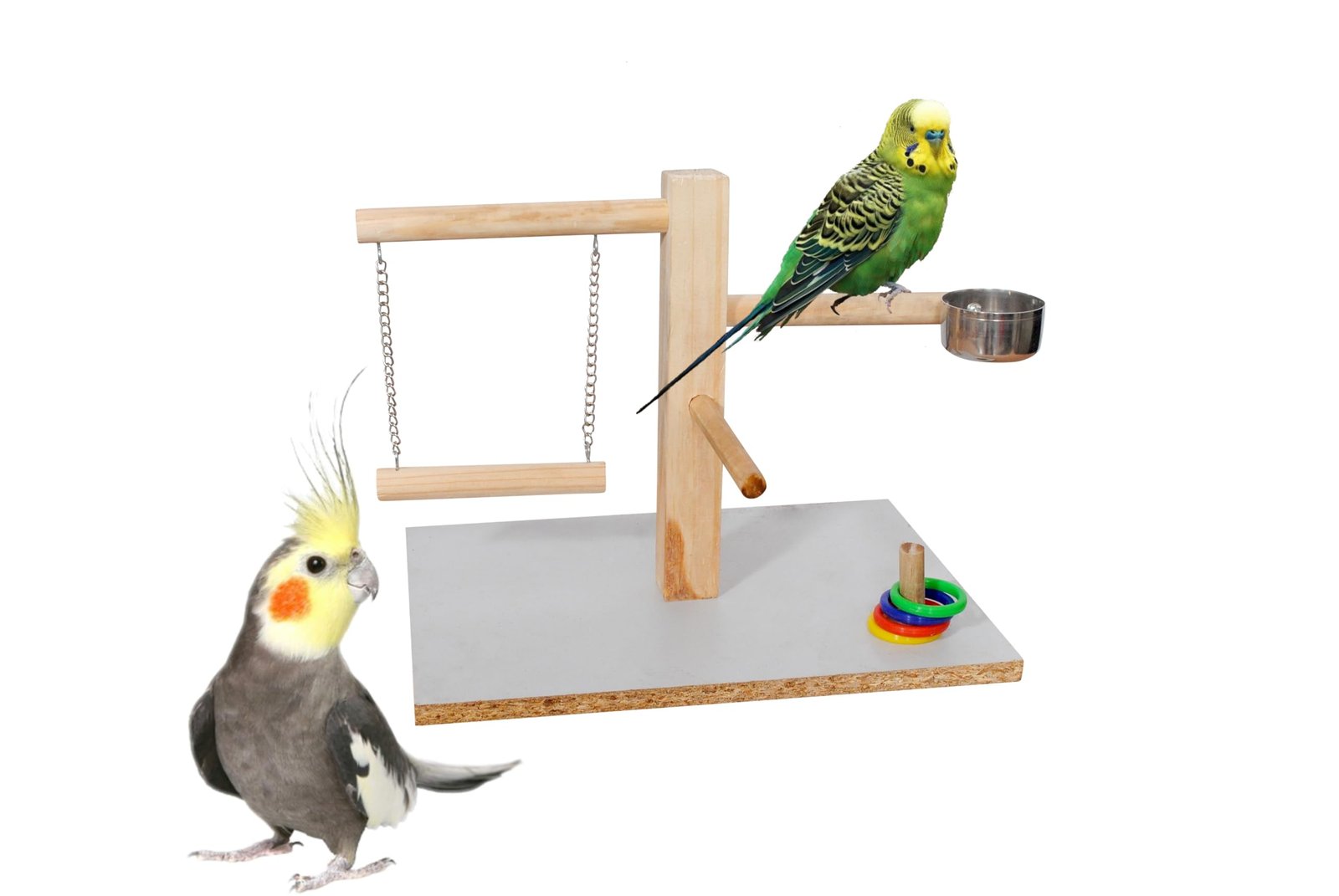 POONCH Wooden Bird Training & Play Stand Single Pillar with Swing, Stainless Steel Feeder Cup & Ring Toss Toy – Interactive P