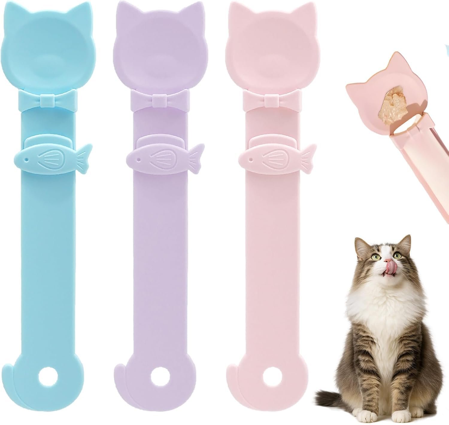PSK PET MART Cute Cat Head Treat Dispenser Spoon with Fish-Shaped Slider, Reusable Silicone Cat Snack Feeder for Squeeze Trea