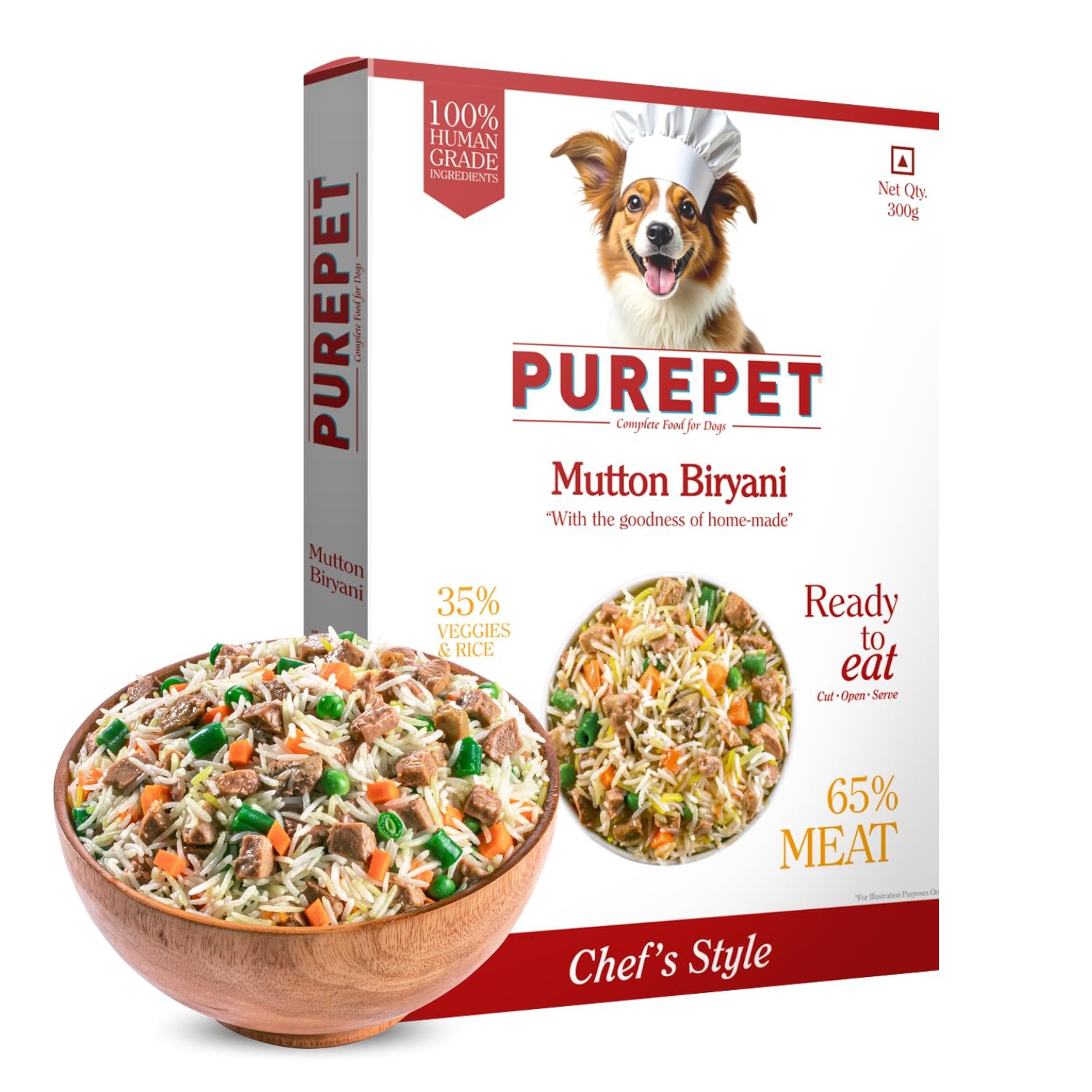 Purepet Fresh Dog Food 300g | Mutton Biryani for Adults & Puppies | High Protein, 65% Real Meat, 35% Veggies & Rice | No Pres