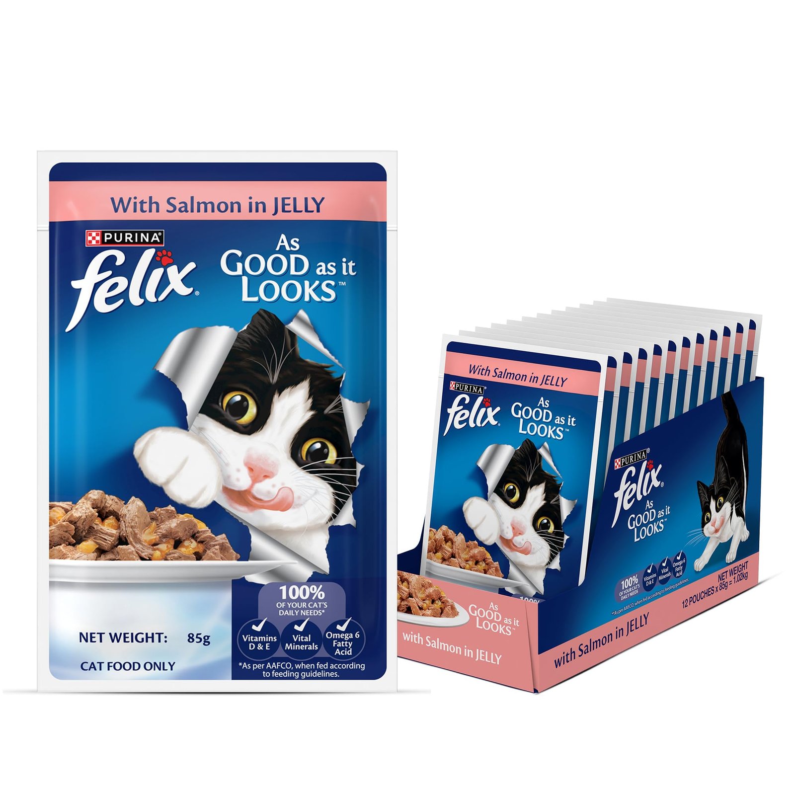 Purina Felix Salmon in Jelly, Wet Food for Adult Cats, Pack of 12 (12x85g) | With Salmon in Jelly, Tasty Meaty Chunks, 100% C