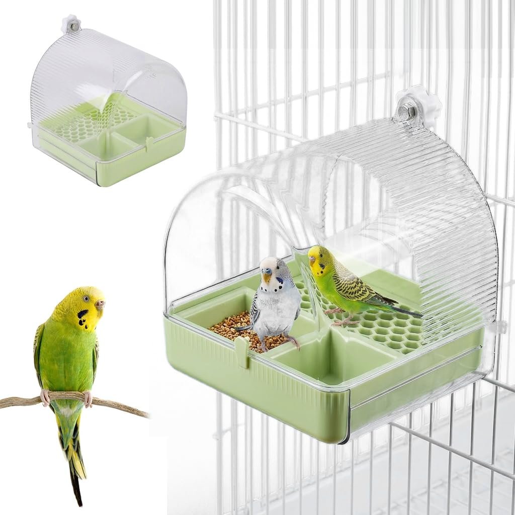 Qpets®3-in-1 Bird Bath & Feeder Box Bird Cage Mounted Bathing Dome with Dual Food Trays & Grid Perch Platform, BPA-Free Bird