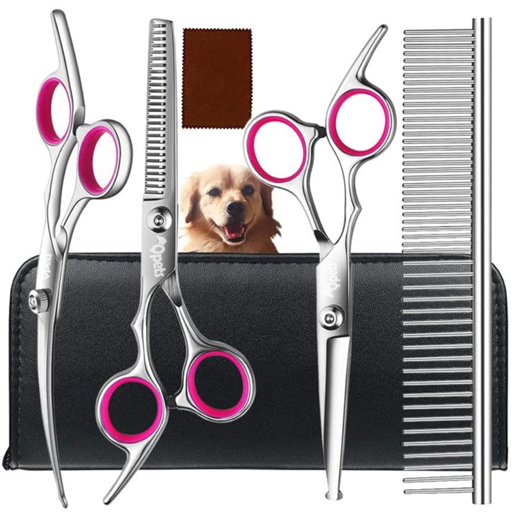 Qpets® 4 Pcs Stainless Steel Dog Grooming Scissors Set, Straight Curved | Neat Trims, Rounded Tips Help Reduce Skin Pokes, 4C