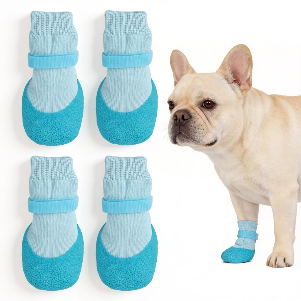 Qpets® 4Pcs Non-Slip Dog Socks, Rubber Dog Shoes Waterproof Pet Paw Protector Shoes with Soft Knit Upper & Durable Grip Sole,