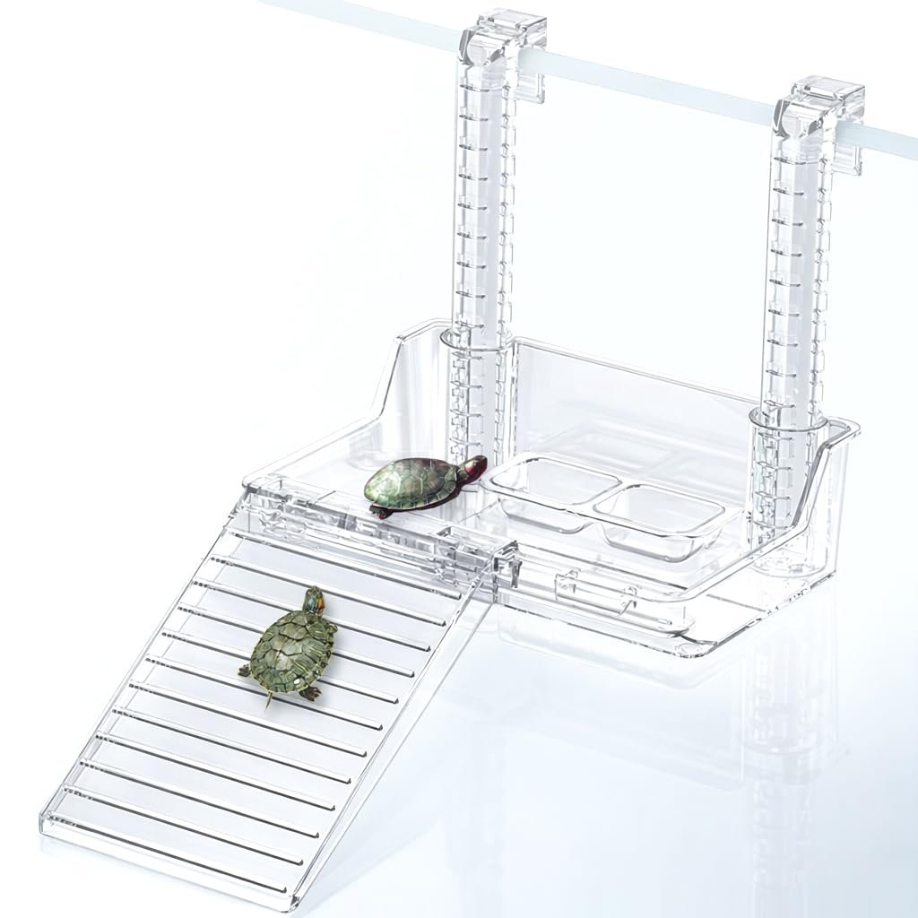 Qpets® Acrylic Turtle Basking Platform with Ramp, Adjustable Hanging Dock for Aquarium, Clear Reptile Platform with Food & Wa