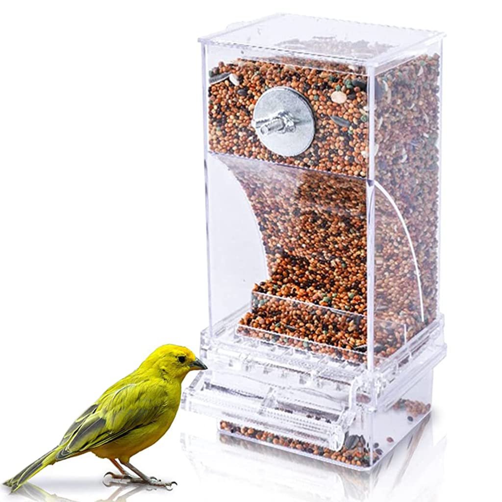 Qpets® Bird Feeder for Cage, Birds Food Feeder Birds Cage Parrot Seed Feeders with Perch, Acrylic Transparent Seed Food Conta