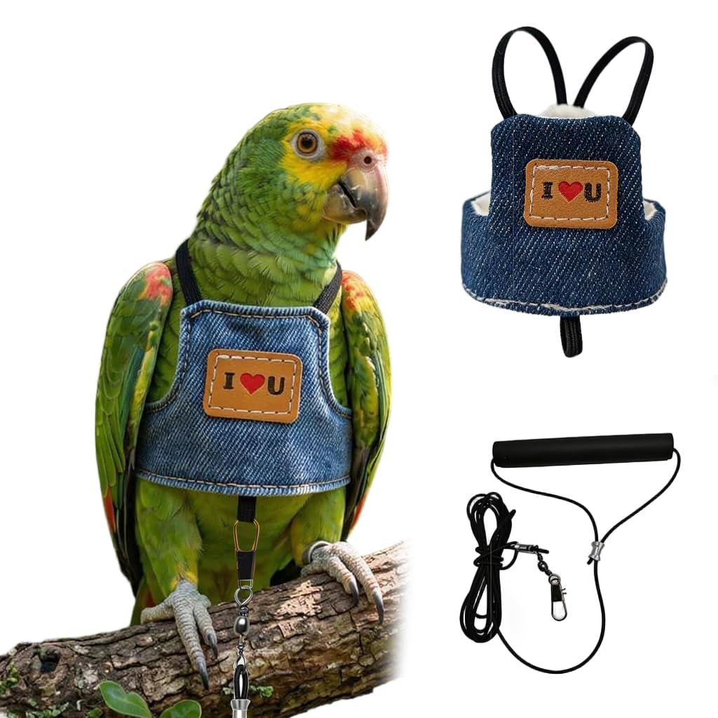 Qpets Bird Flight Harness with Leash, Adjustable Vest for Medium Parrots M | 20cm Back Girth, Lightweight Denim, Breathable,