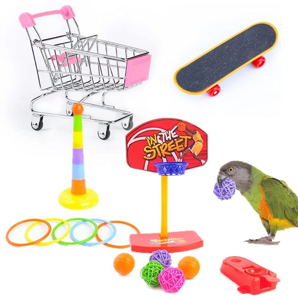 Qpets® Bird Training Toys Set with Skateboard, Basketball and Cart | Plastic And Iron Alloy Construction, 5 Rings And Mini Ho