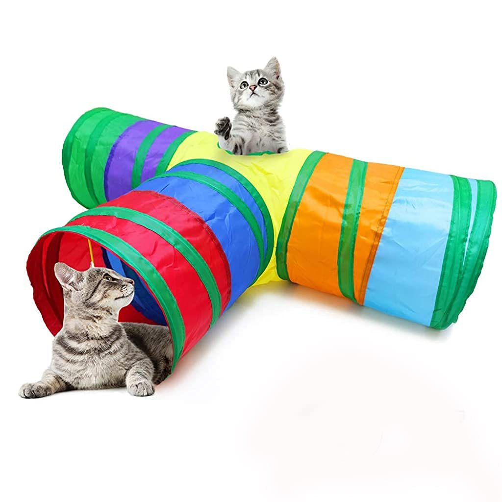 Qpets Cat Tunnel Toy Foldable 3-Way Rainbow Tube for Indoor Play | 3-Way Tunnel Boosts Play and Exercise; Foldable Design for