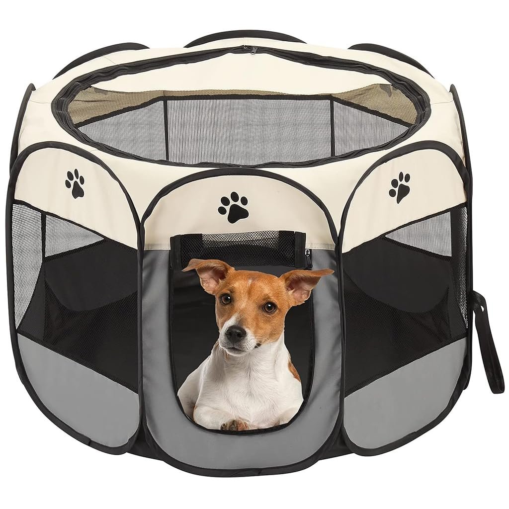Qpets® Foldable Pet Playpen 73x73x43cm for Cats and Dogs | Seven Mesh Windows, Zipper Door, Removable See Through Shade, Octa