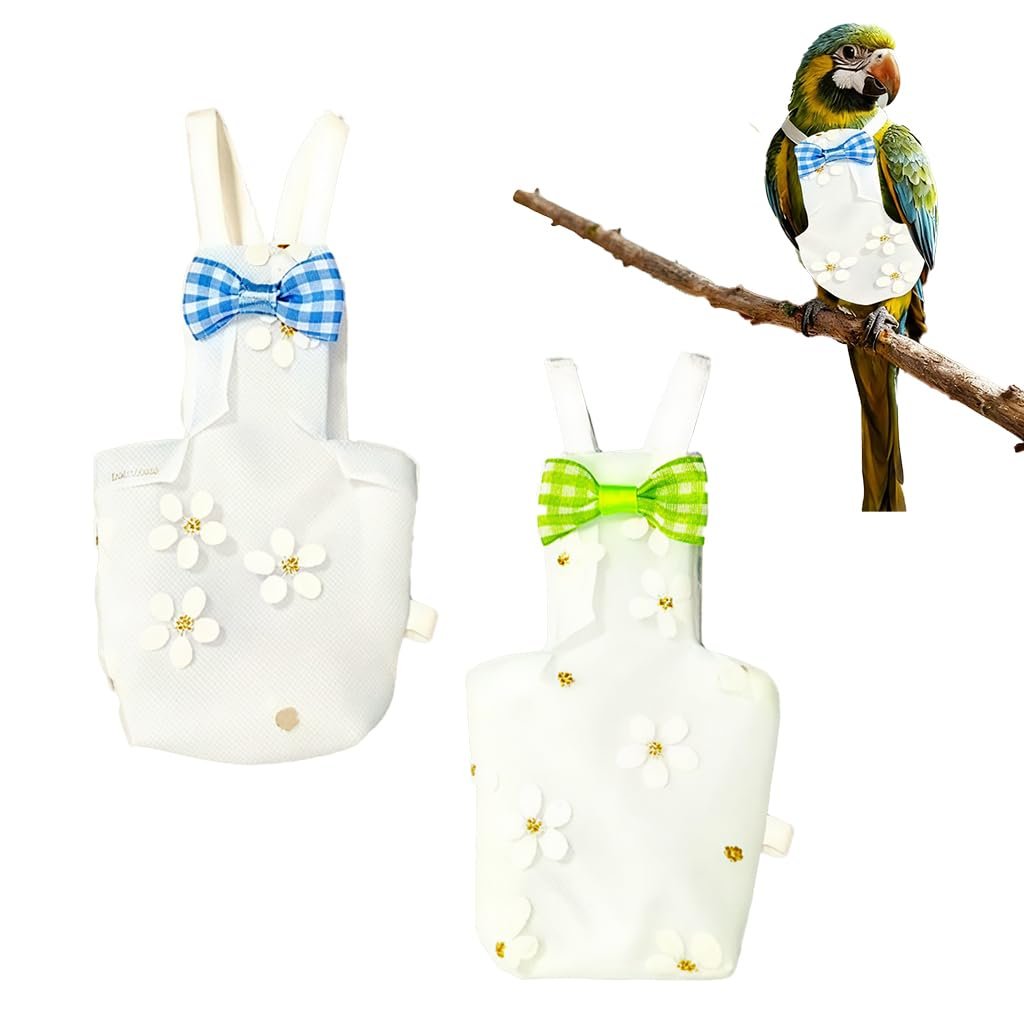 Qpets® Generic Parrot Diaper Flight Suit for Small Birds, 2 Pcs bird clothes with floral print and checked bow, reusable and