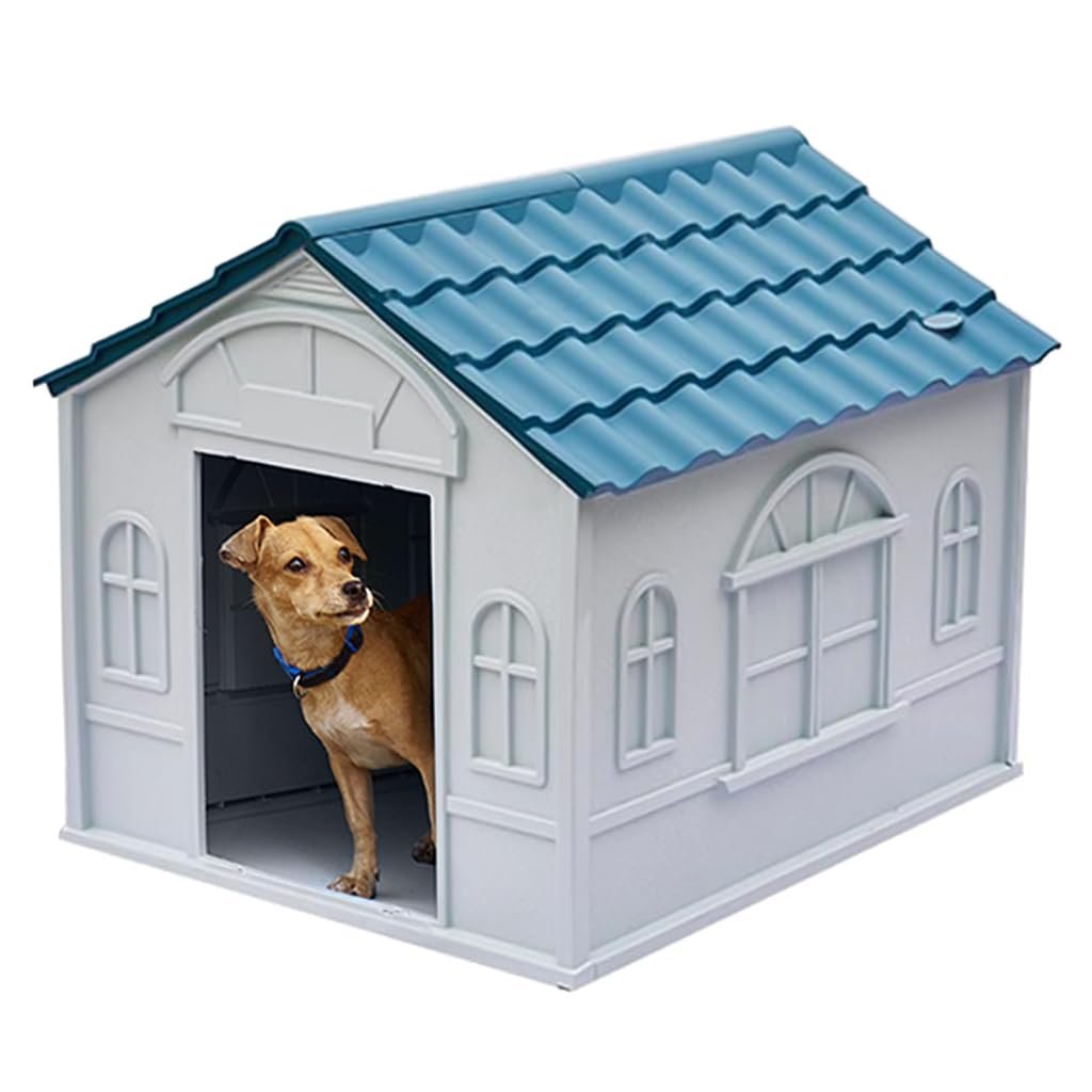 Qpets® Outdoor Dog House, Rainproof Plastic Pet Hut - No Door, DIY Assembly, Countryside Style for Poodle, Pomeranian, Bichon