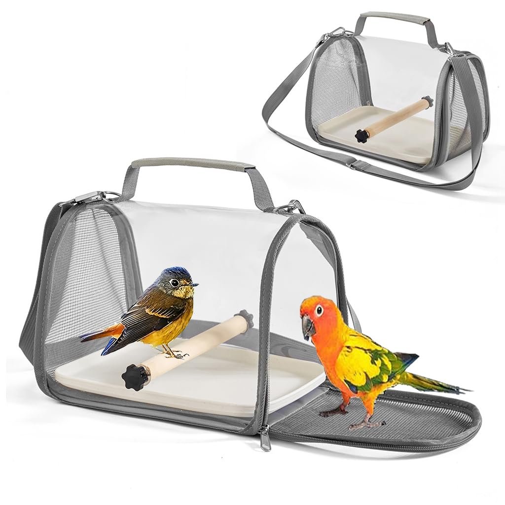 Qpets® Parrot Carrier Bag Ventilated Mesh Bird Carrier with Handle & Shoulder Strap, Transparent Small Pet Transport Carrier