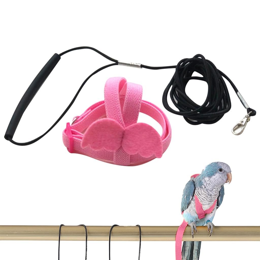 Qpets Parrot Harness, Anti-Bite Flight Belt with Angel Wings, Pink M | Elastic Rope for Outdoor Flight, Anti-Bite Design, Ang