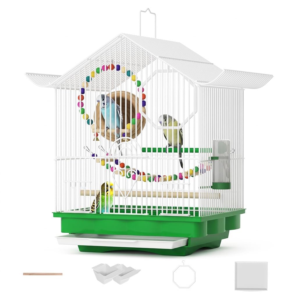 Qpets® Pet Parakeet Manor Bird Cage with Handle, Versatile Carrier for Home or Travel, Small Bird Accessories, Easy Storage f
