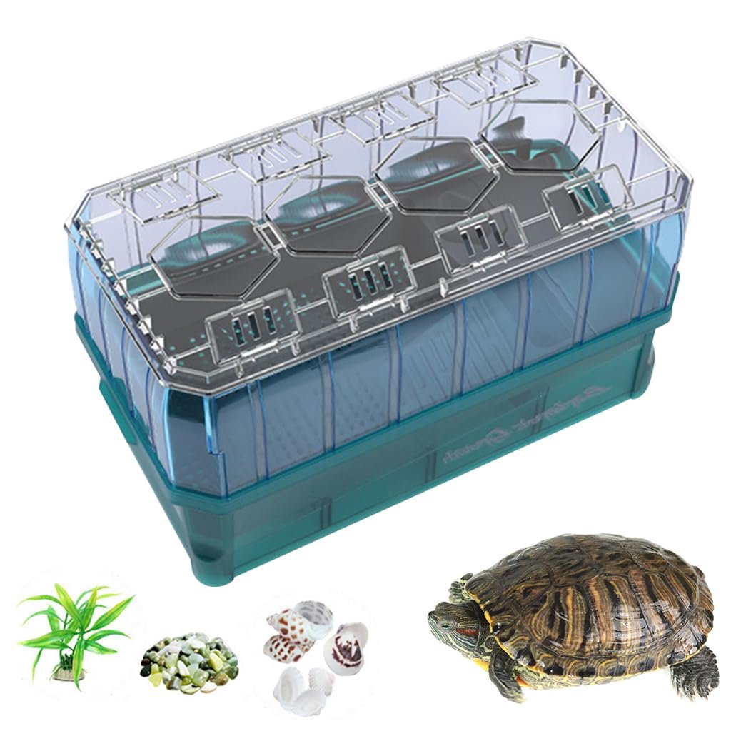 Qpets® Turtle Tank, Tortoise Aquarium Turtle House, Turtle Breeding Box with Drain, Bask Platform & Landscape Platform Stone/