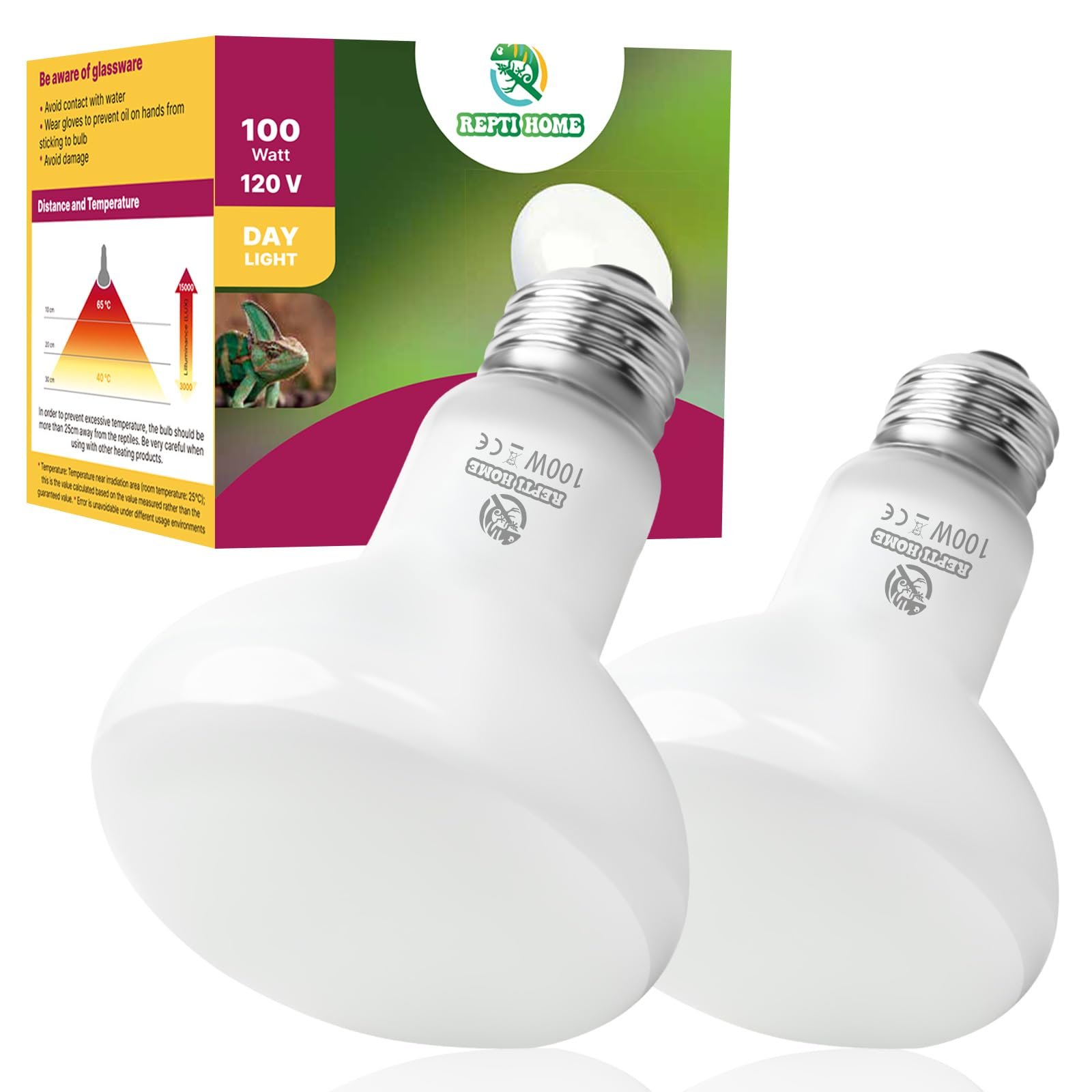 REPTI HOME Reptile Heat Lamp, Simulates Natural Sunlight, 2 Pack 100W Lamp for Amphibian Terrarium, Reptile, Bearded Dragon,