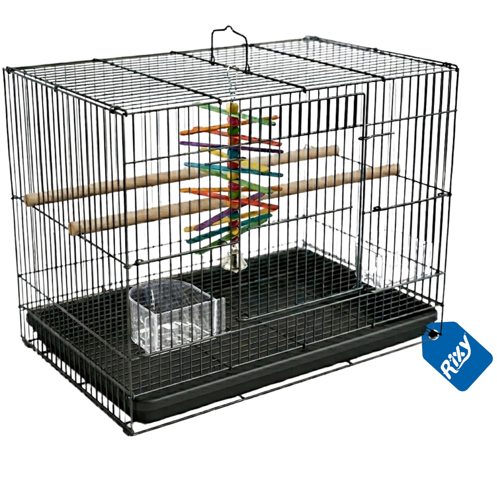 Rixy Metal Bird Cage - 18 inch (1.5 feet) | Free Hanging Toy (1) | Habitat Cage with Perches (2) + Food & Water Feeder Cups (
