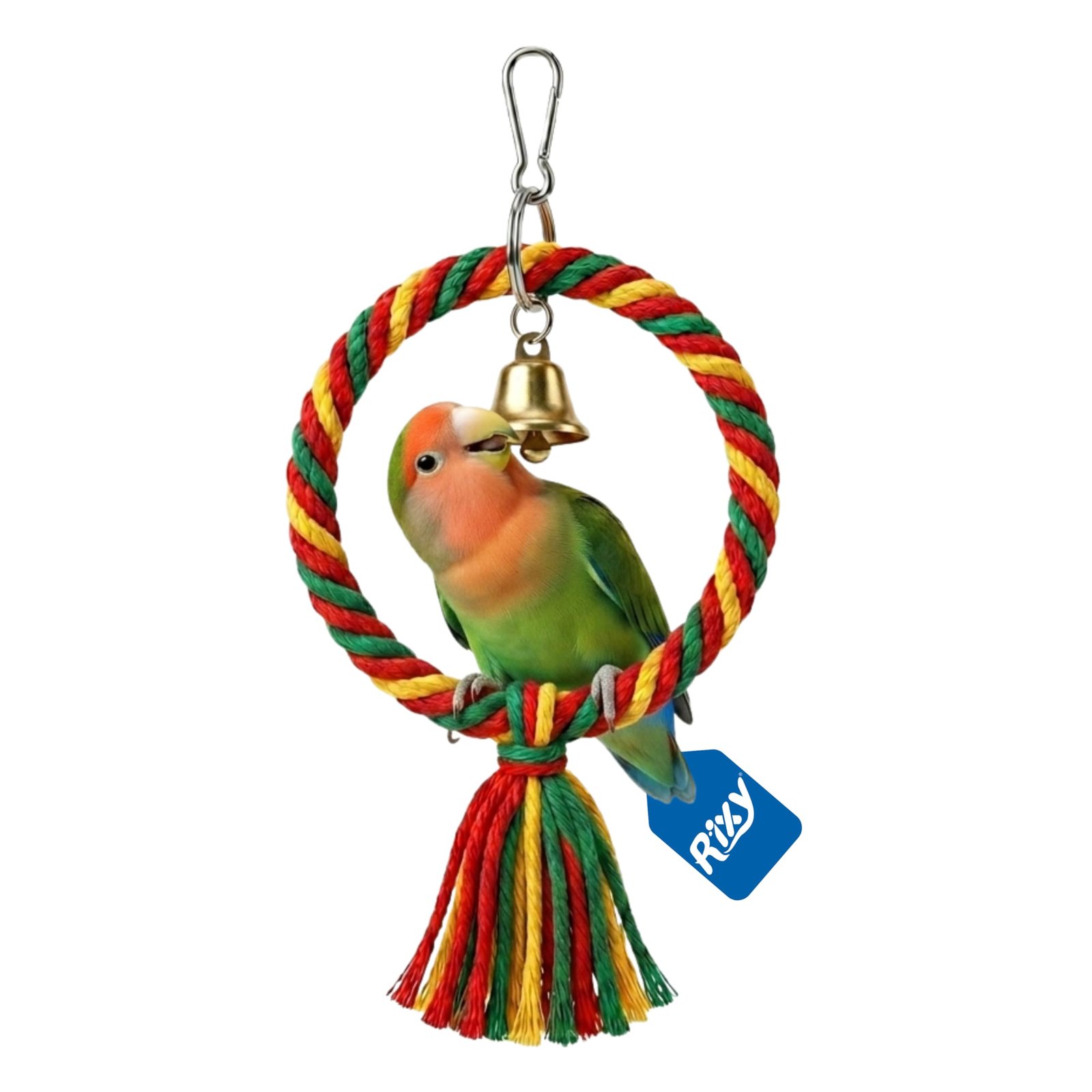 Rixy Natural Cotton Rope Ring Swing Toy for Birds (Colour/Pattern May Vary) | Hanging Chew & Colourful Climbing Toy with Bell