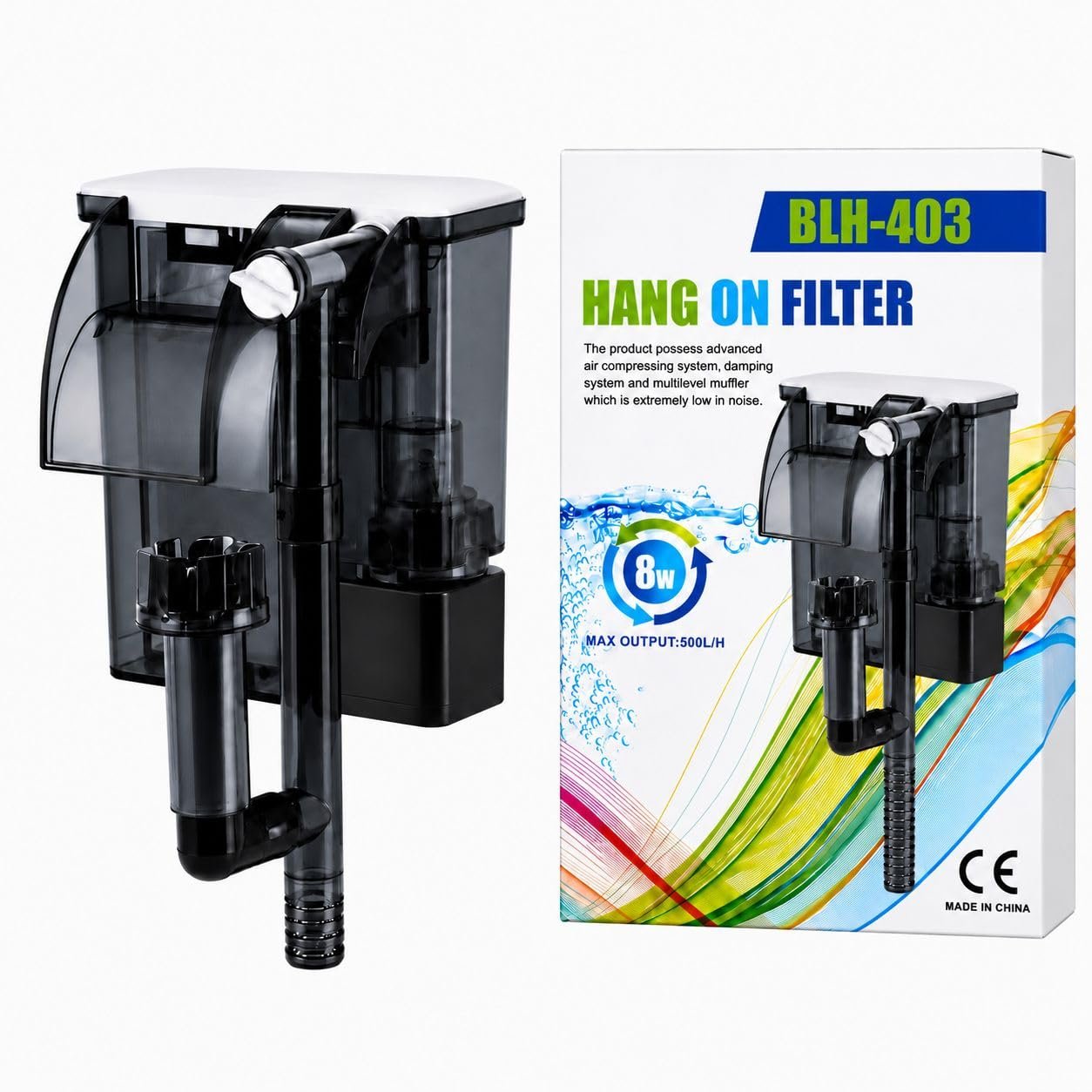 Rizopets BLH-403 Hang on Filter, Aquarium Filter, 8W, 500L/H Max Output, Advanced Air Compressing System (BLH-403)